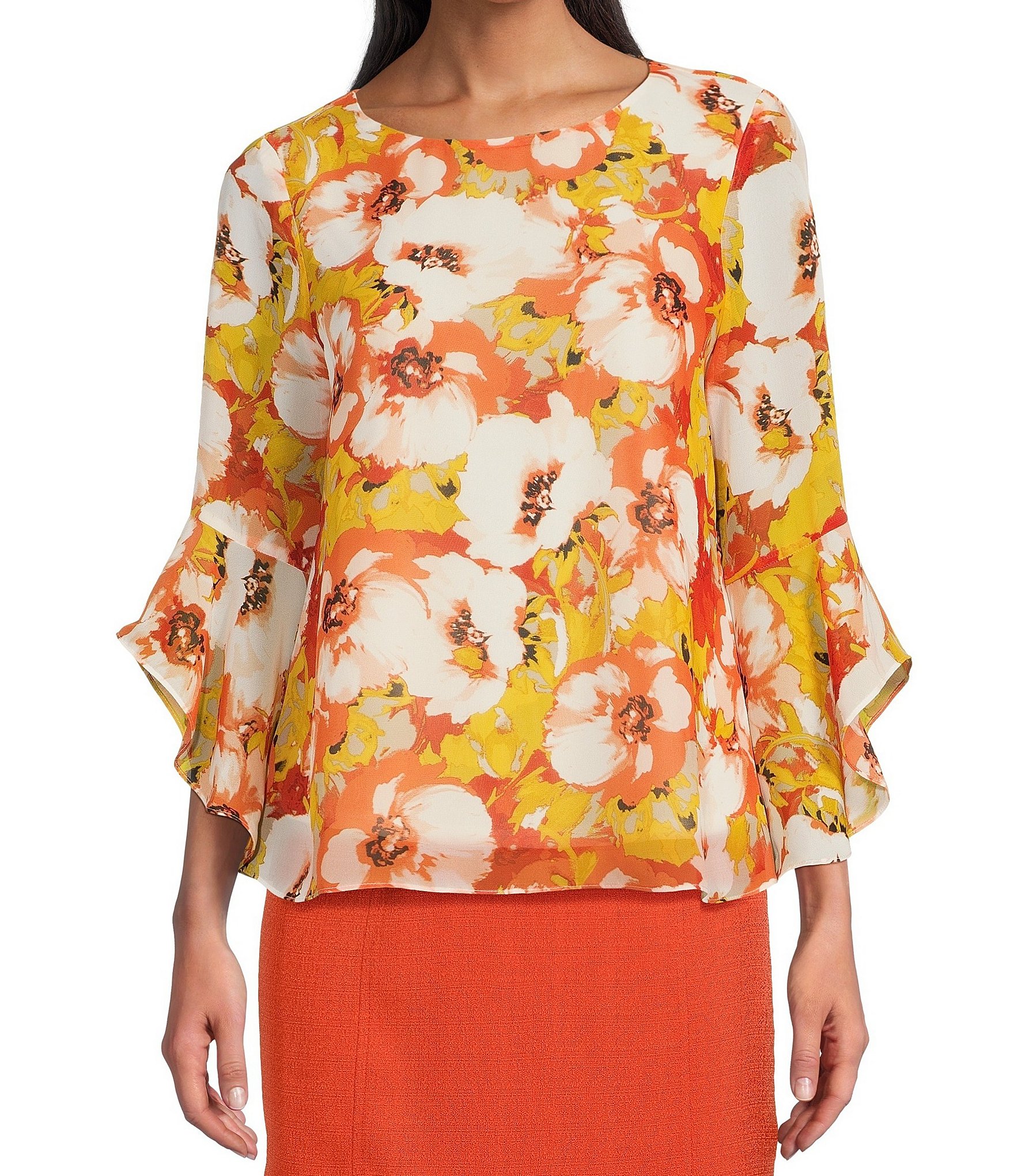 Kasper Floral Printed Crew Neckline Ruffle 3/4 Sleeve Blouse | Dillard's