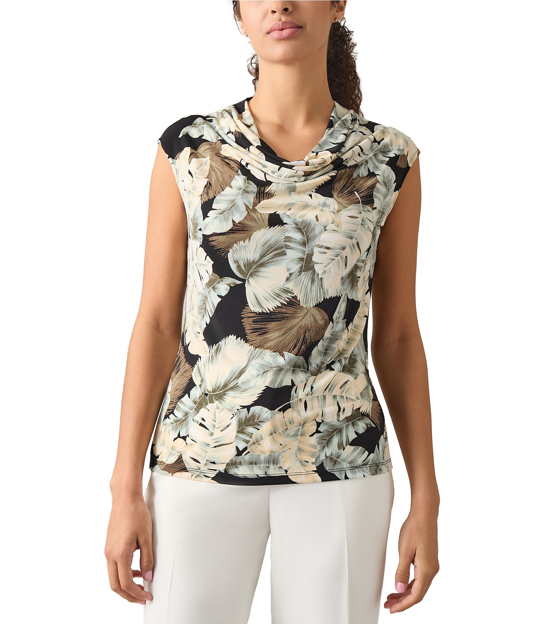 Kasper Leaf Print Ity Cowl Neck Cap Sleeve Top Dillards