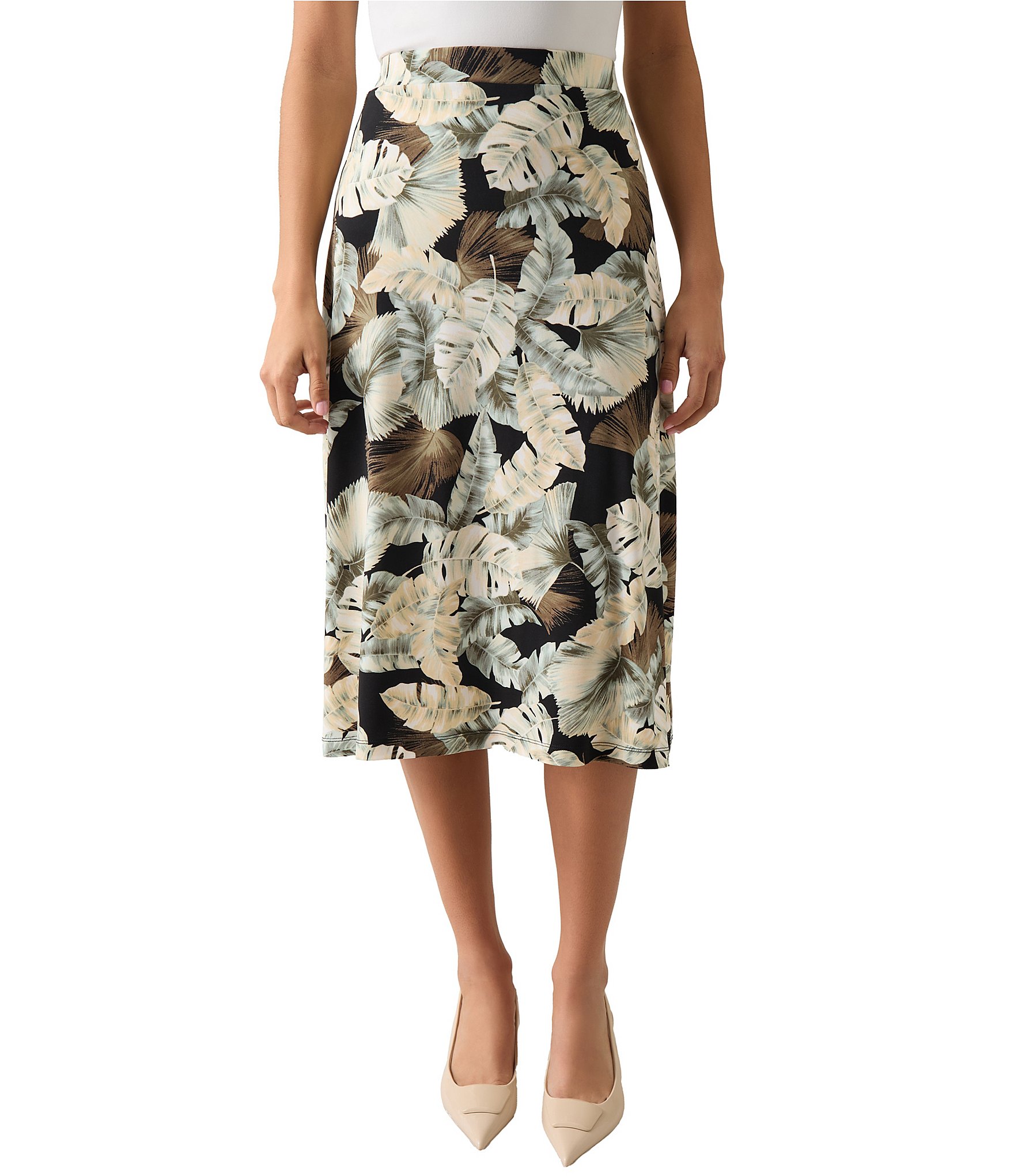 Kasper Leaf Print Midi A-Line Pull-On Skirt | Dillard's