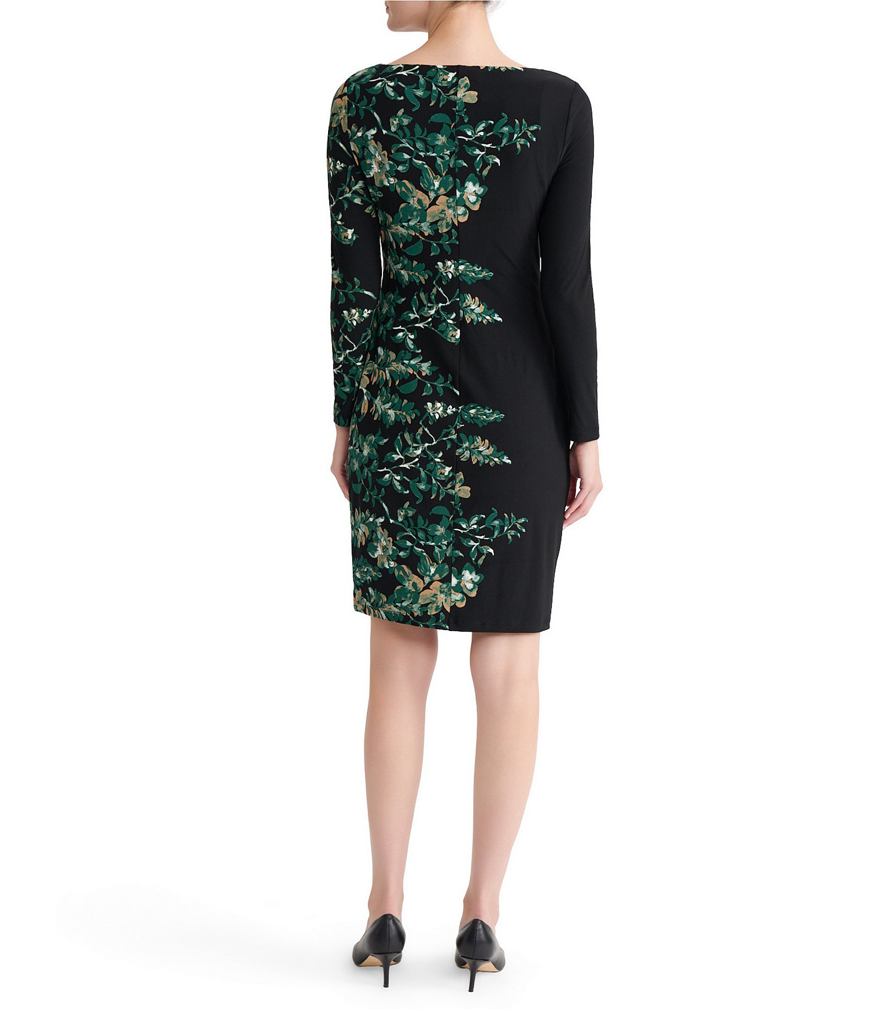Kasper Long Sleeve Printed Side Pleat Dress