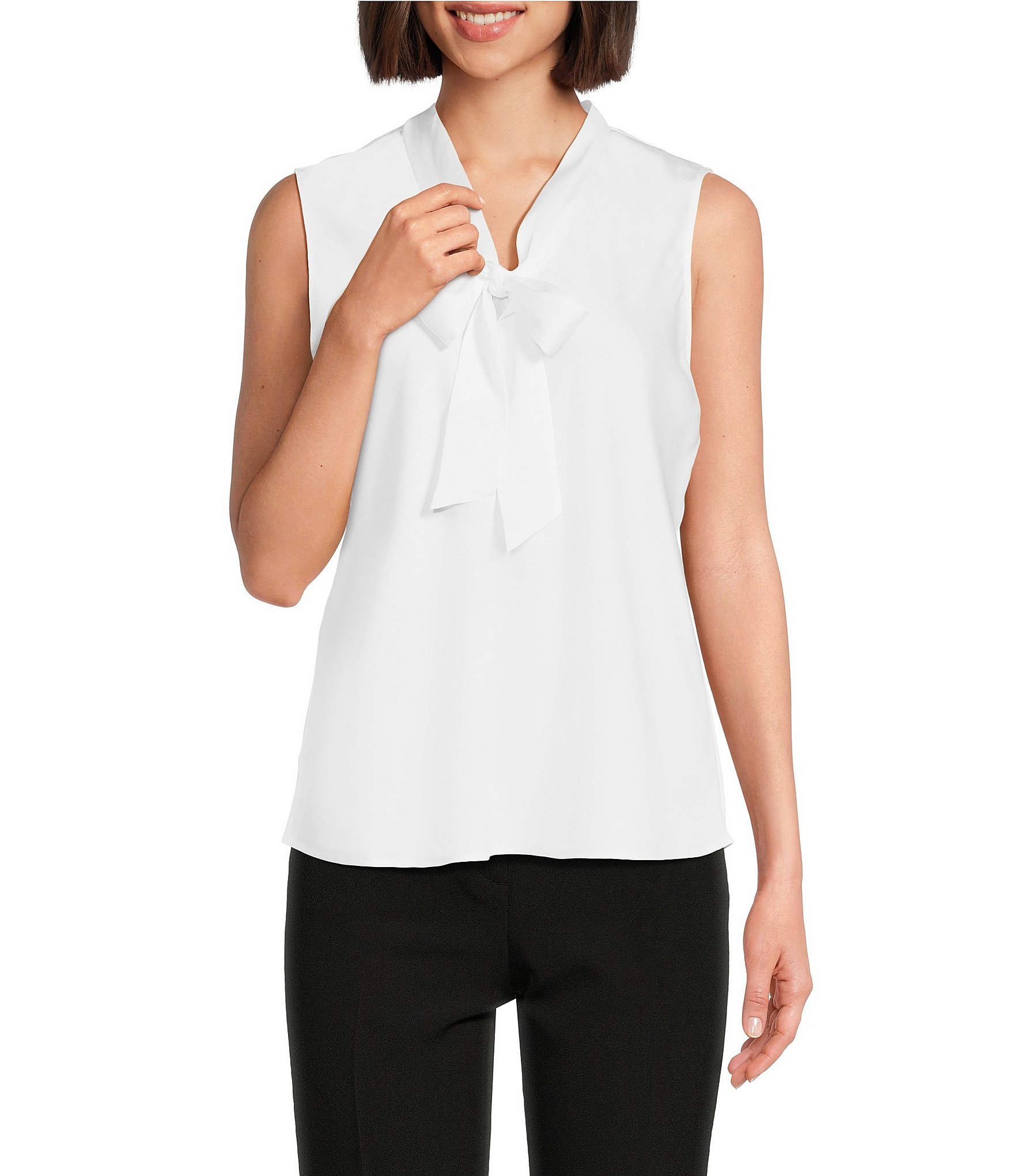 Kasper Womens Tie Front Sleeveless Blouse Top White Medium レディース-