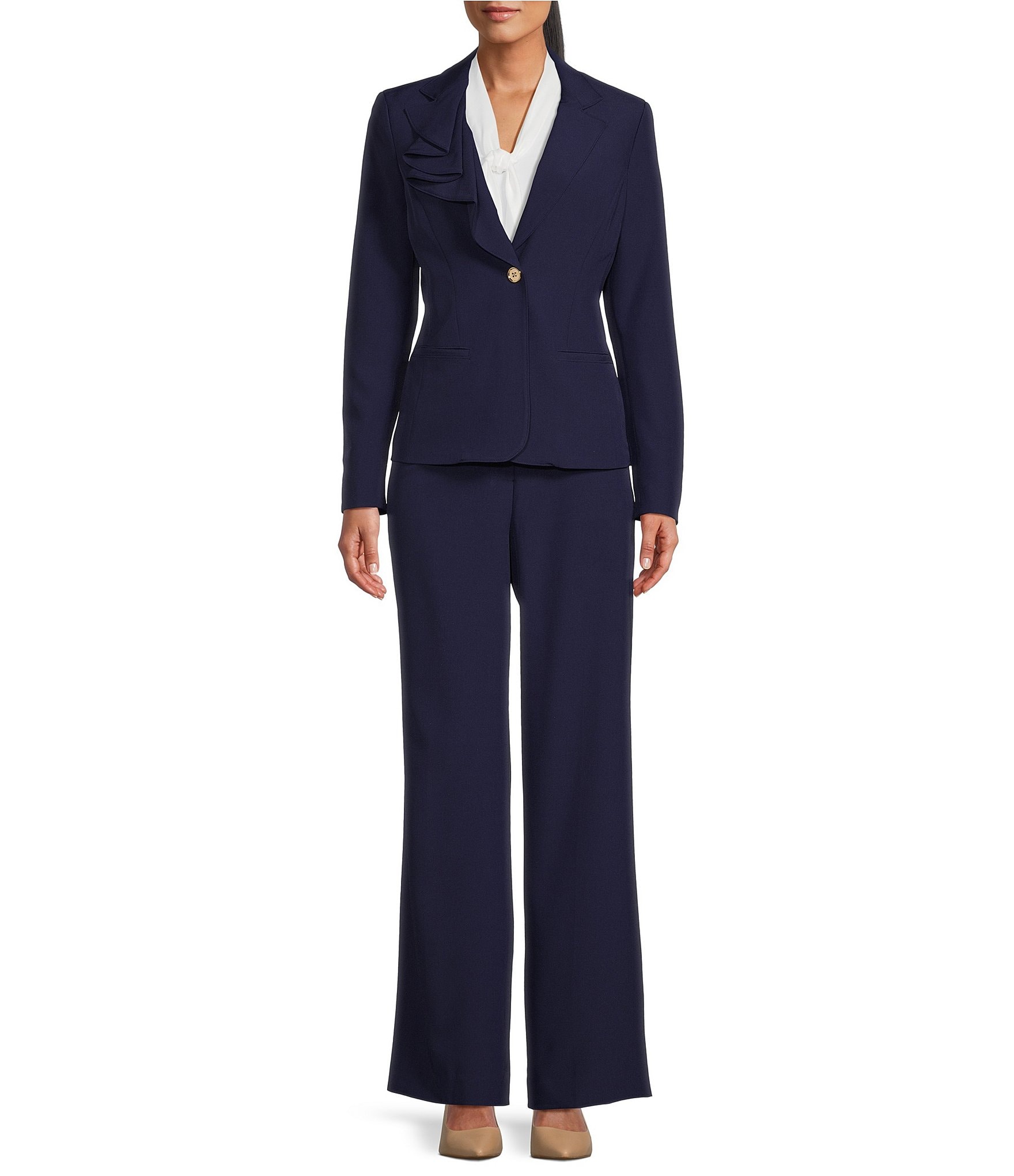 Women Wide Leg Trousers Blazer And Pants Suit Set Ladies Regular Fit Solid  Color