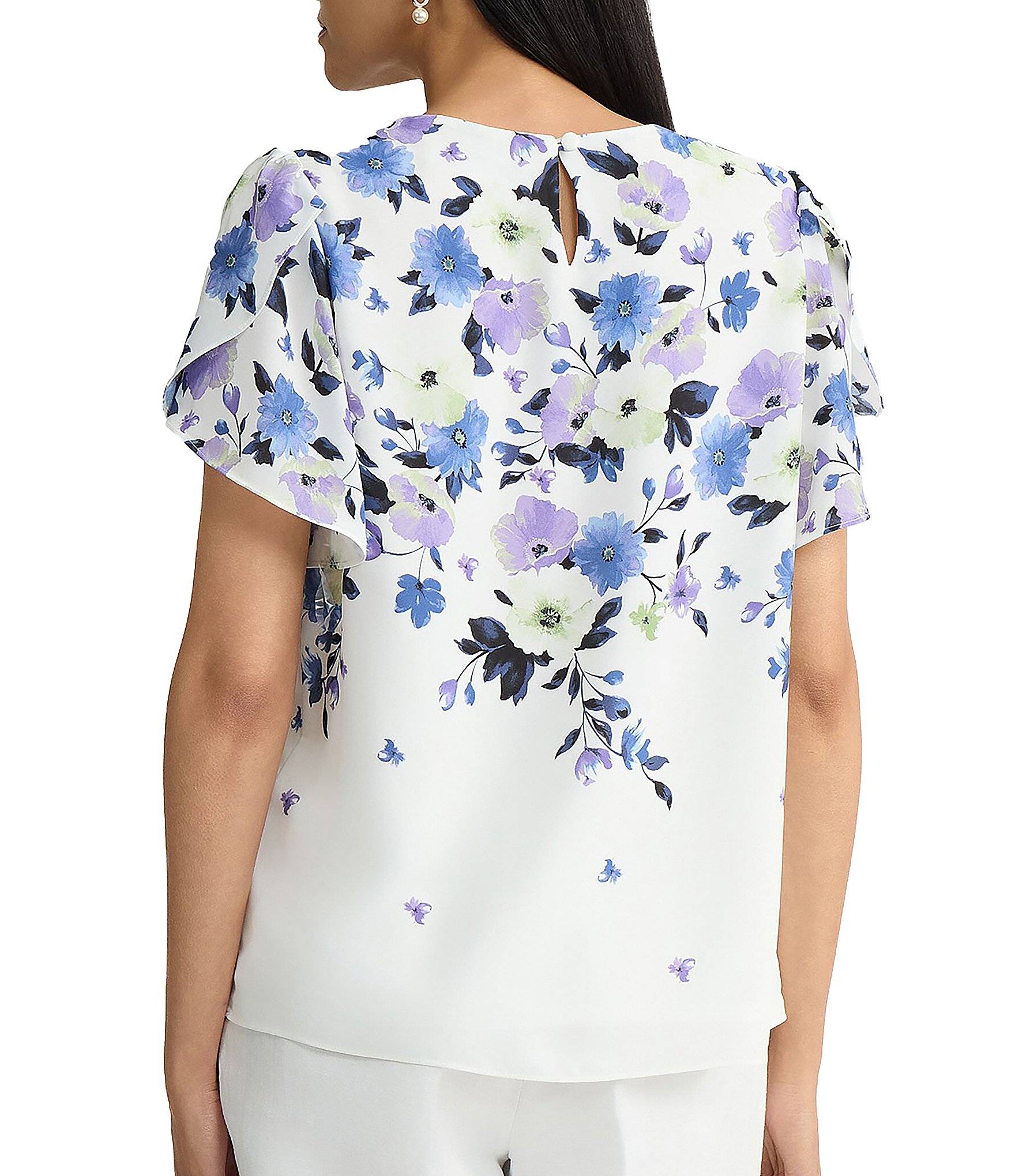 Kasper Petite Flutter Sleeve Floral Printed Flutter Sleeve Blouse