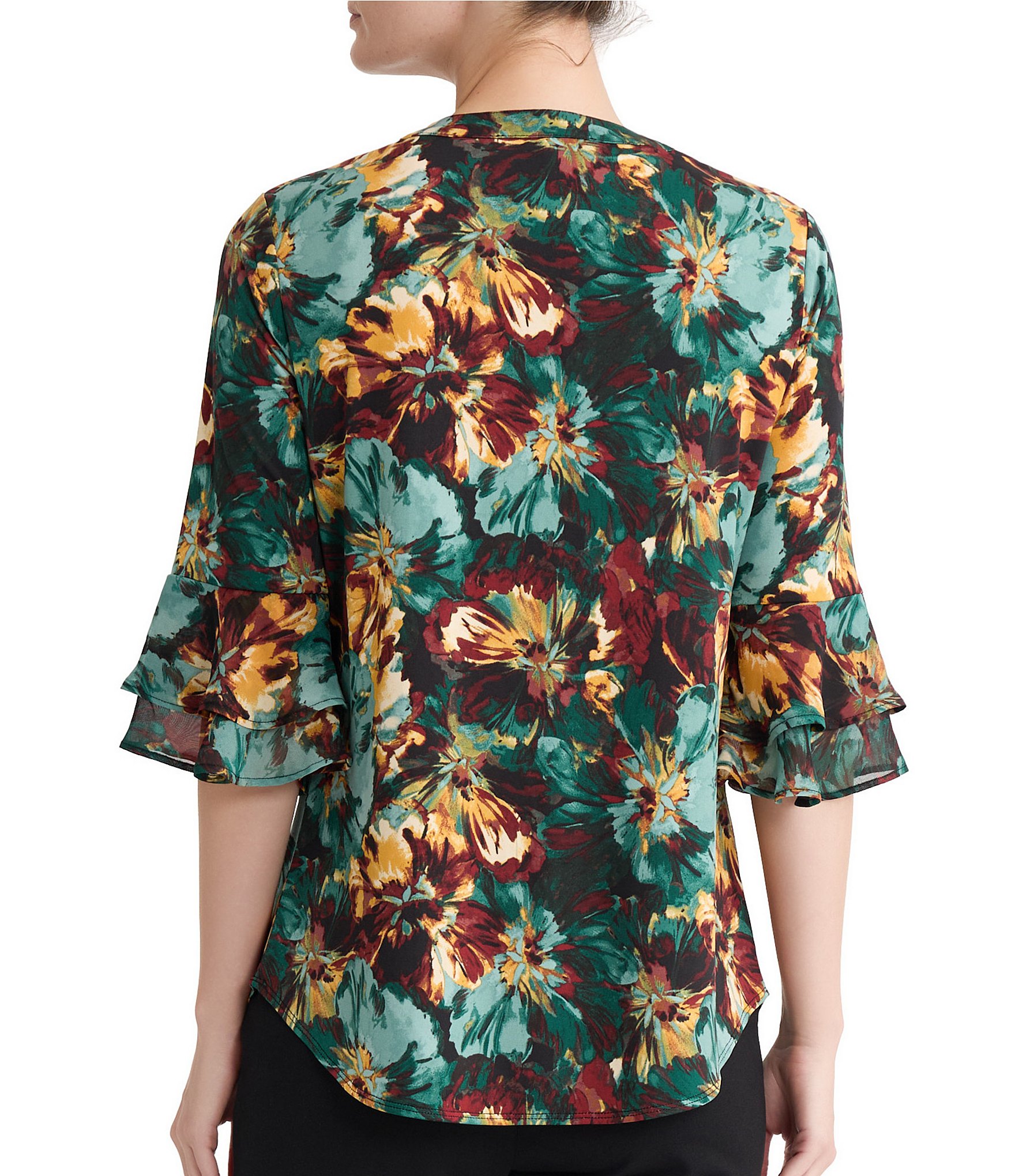 Kasper Petite Flutter Sleeve Split Neck Printed Blouse