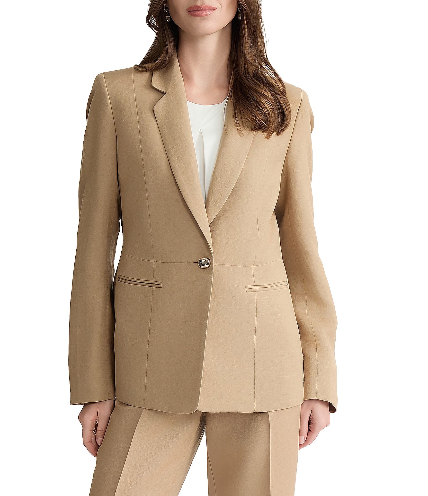 Kasper Petite One Button Linen Blend Notch Collar Jacket