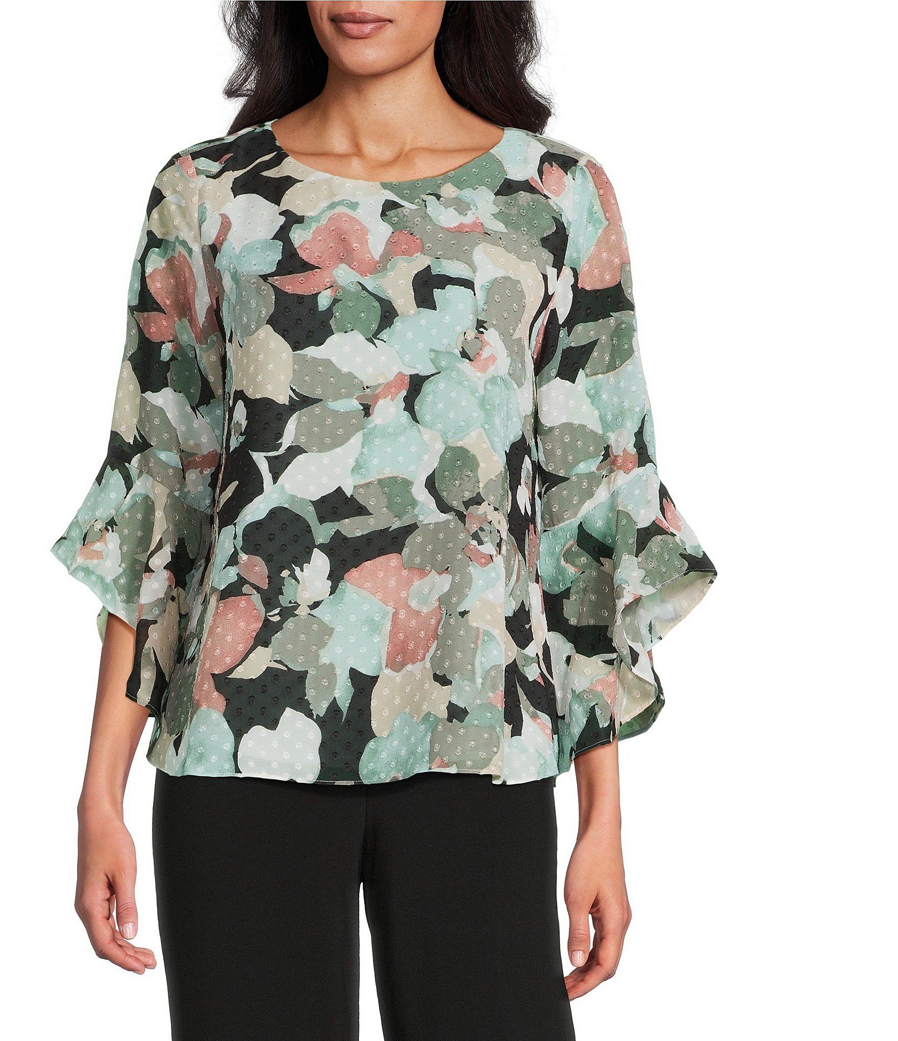 Kasper Petite Size Boat Neck 3/4 Ruffle Sleeve Clip Dot Chiffon Blouse