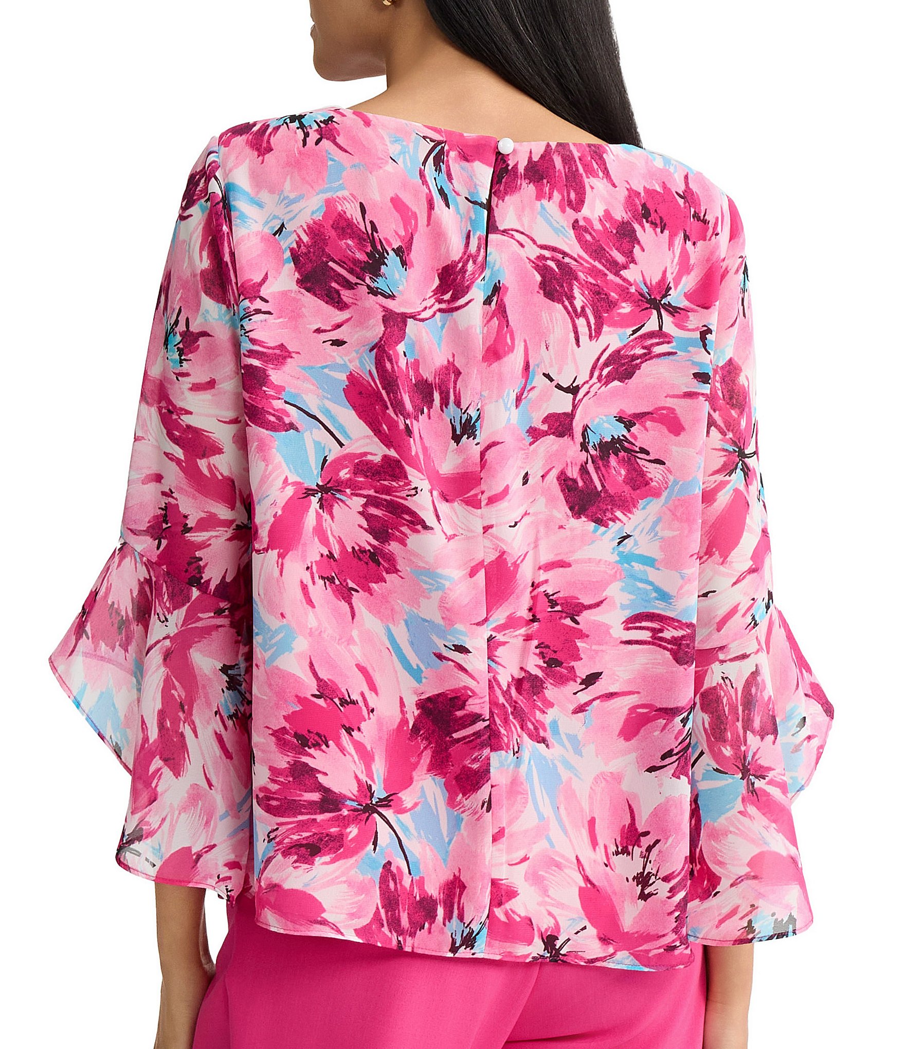 Kasper Petite Size Floral Print 3/4 Ruffle Sleeve Blouse
