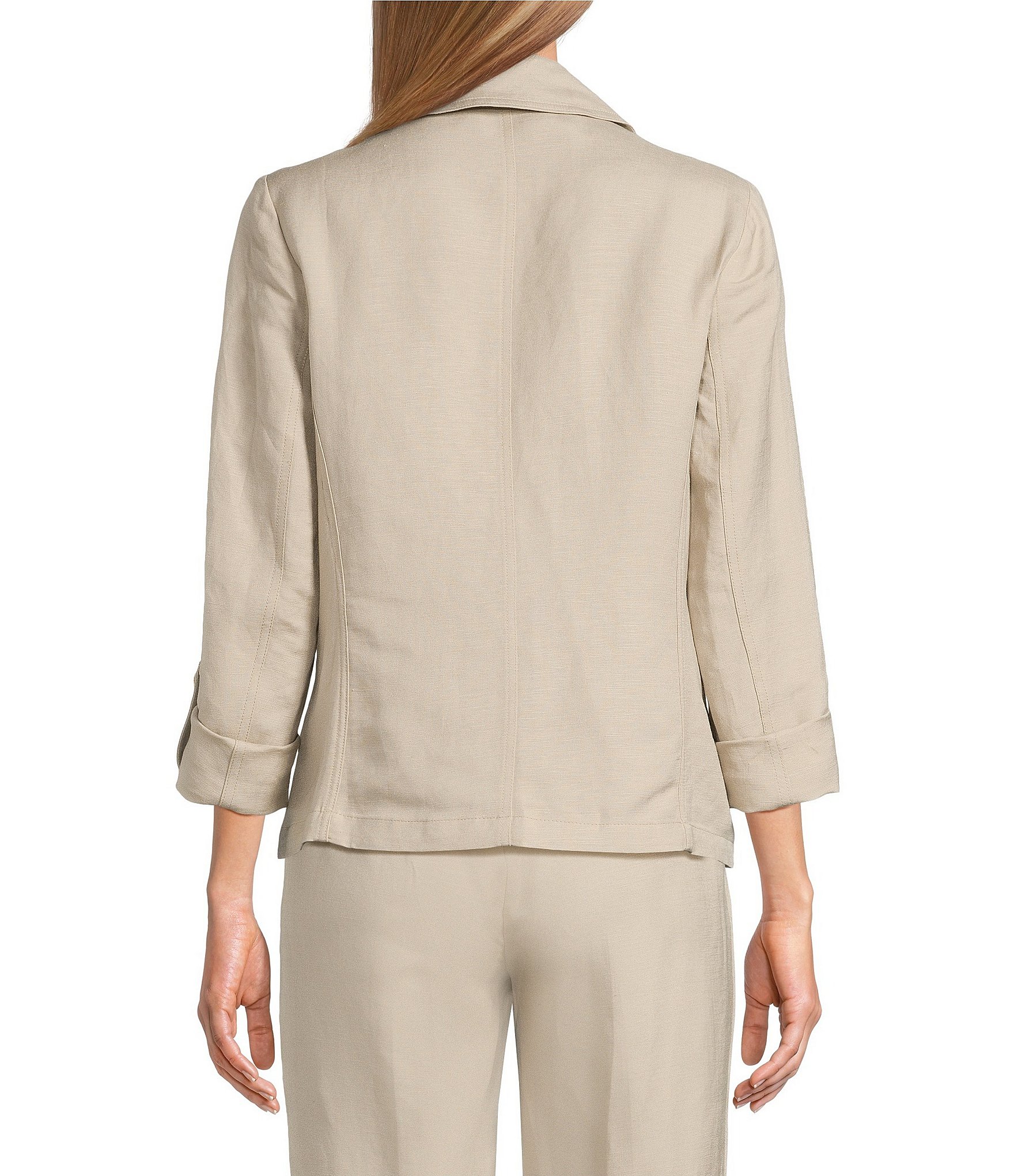 Kasper Petite Size Linen Blend Notch Collar 3/4 Sleeve Open Seam Jacket