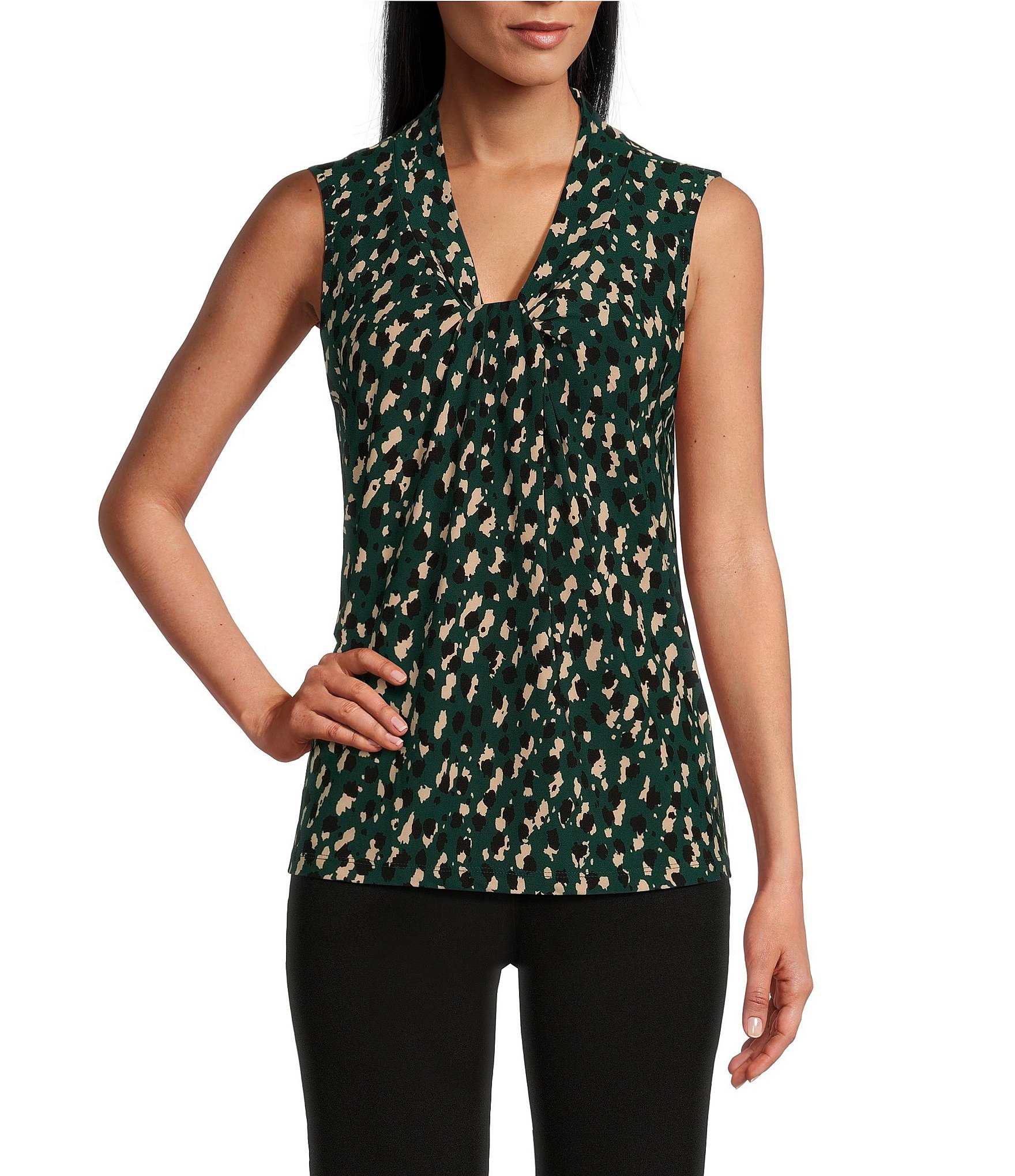 Kasper Petite Size Printed Front Knot V-Neck Sleeveless Blouse