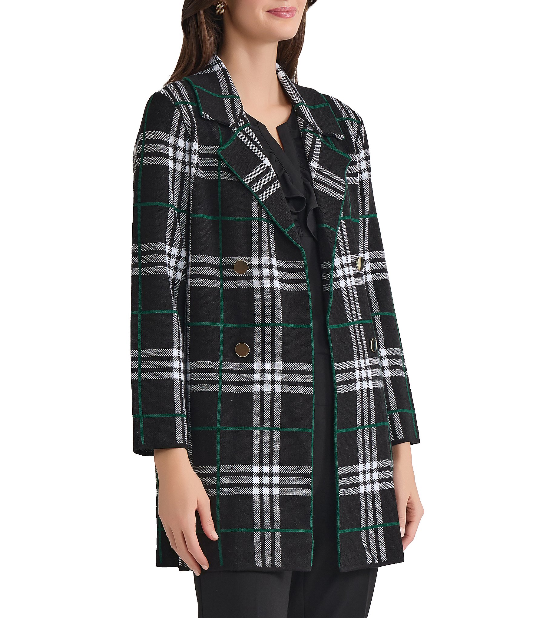 Kasper Plaid Print Open Front Notch Collar Coatigan