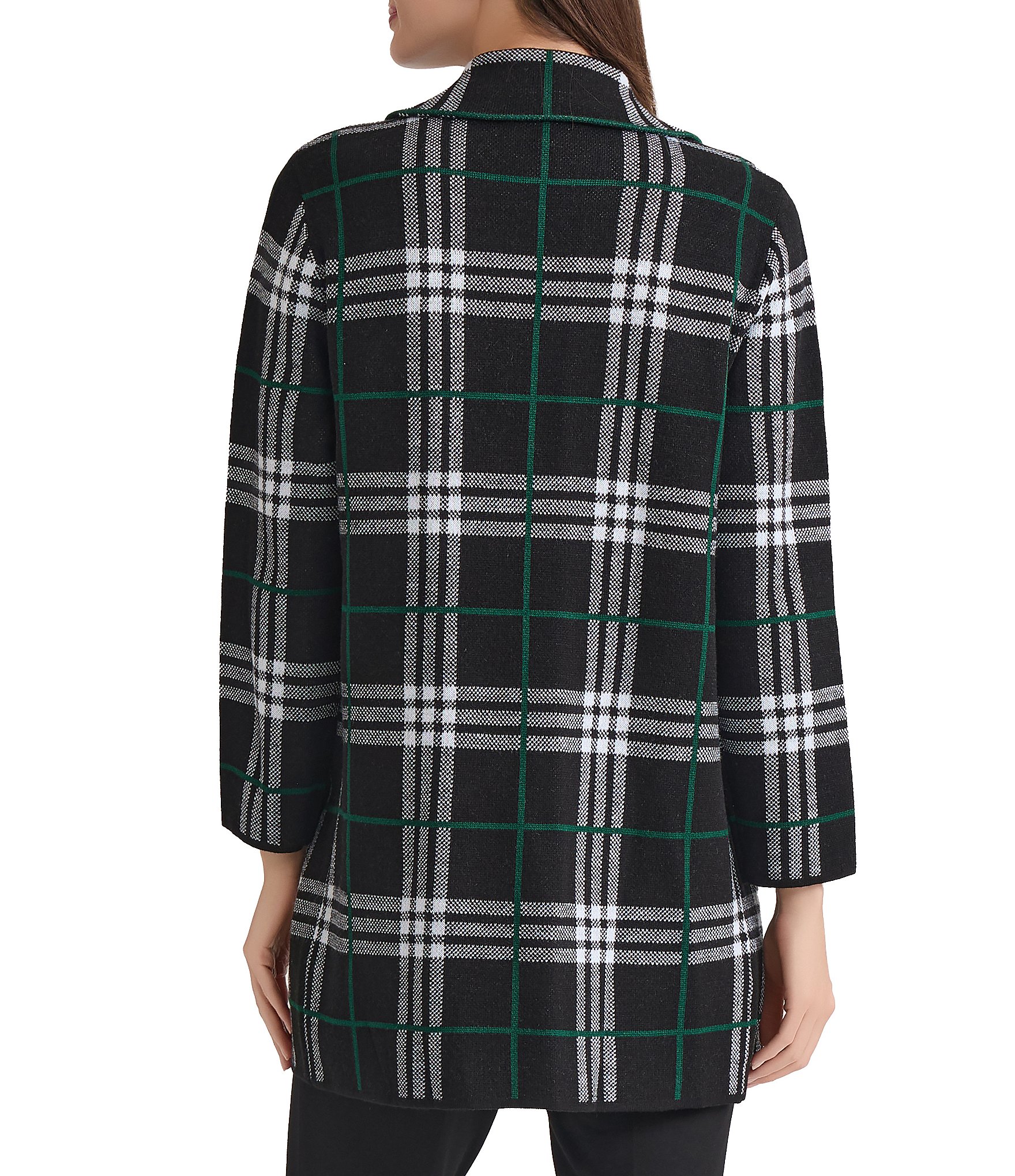 Kasper Plaid Print Open Front Notch Collar Coatigan