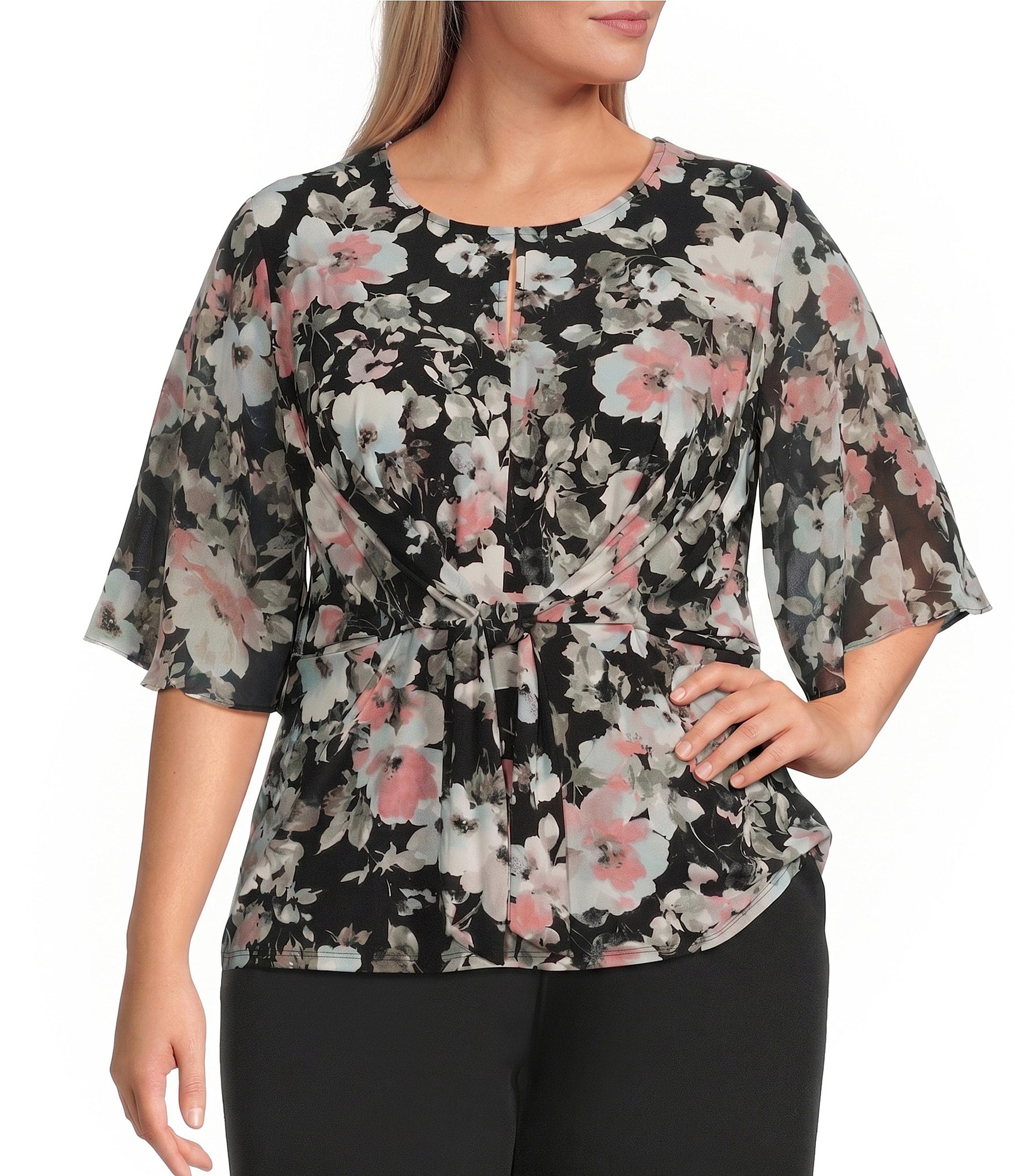 Kasper Plus Bell Sleeve Knot Front Tie Blouse