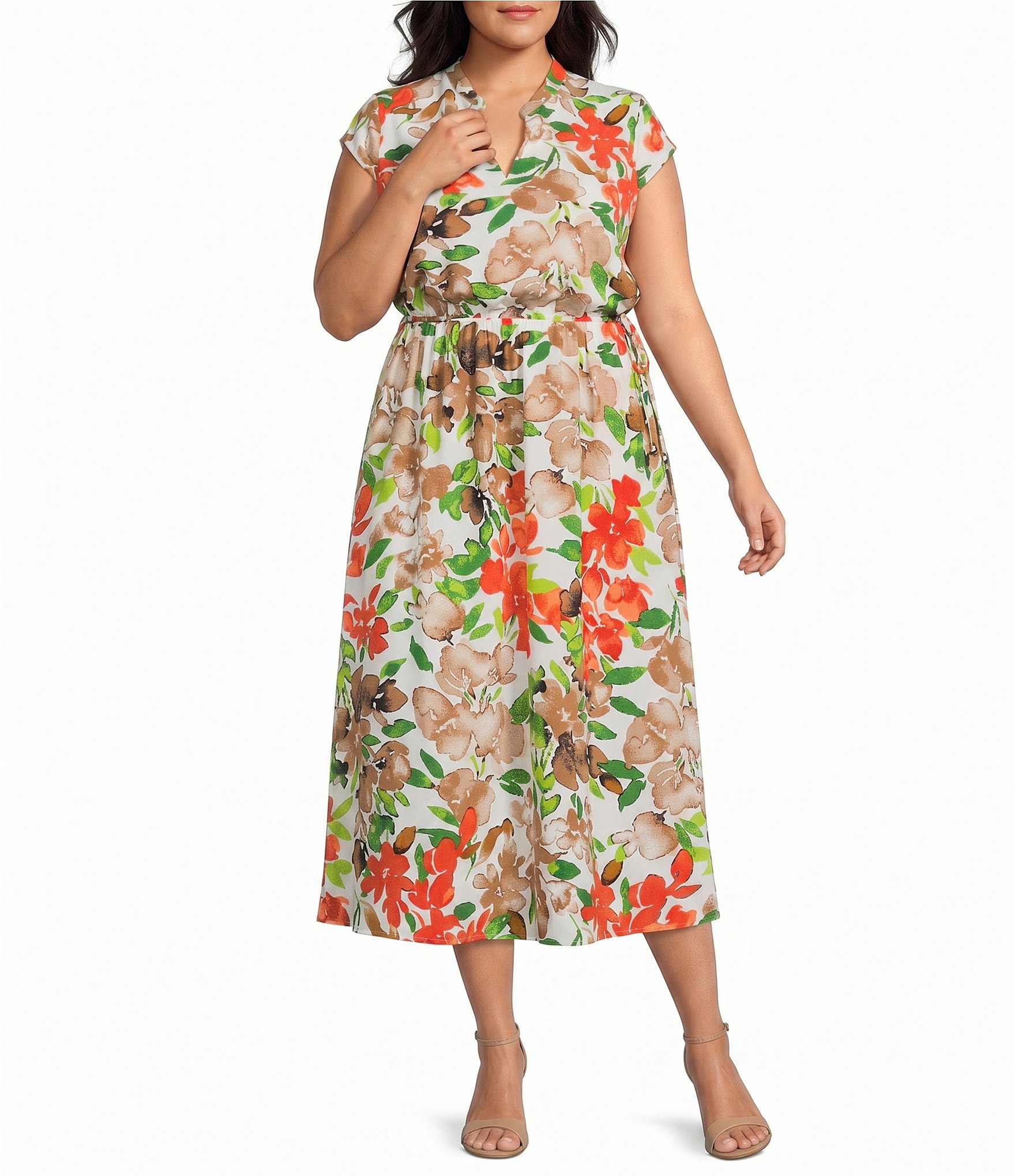 Kasper Plus Cap Sleeve Floral Printed Flutter Cap Sleeve Midi Dress