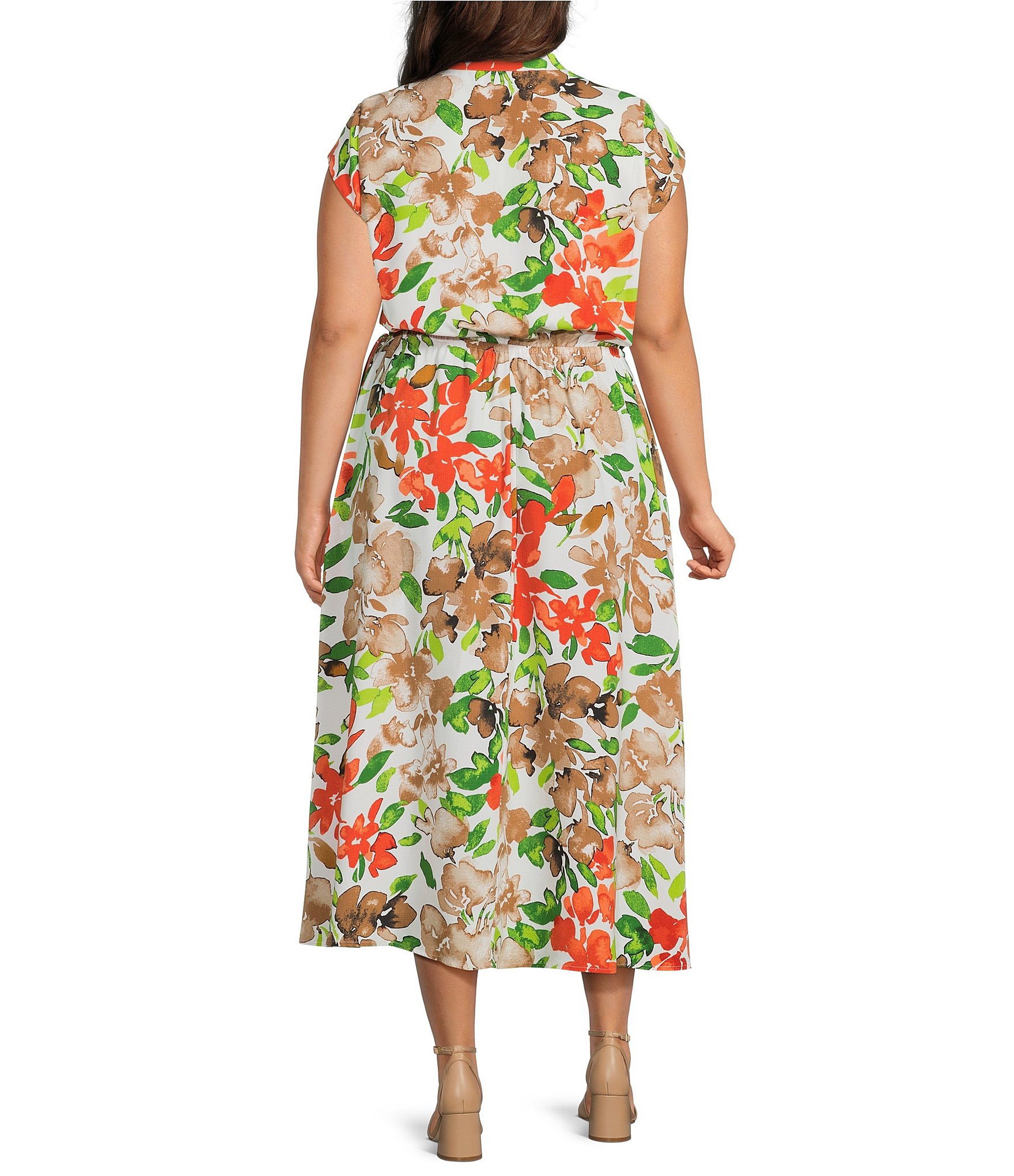 Kasper Plus Cap Sleeve Floral Printed Flutter Cap Sleeve Midi Dress