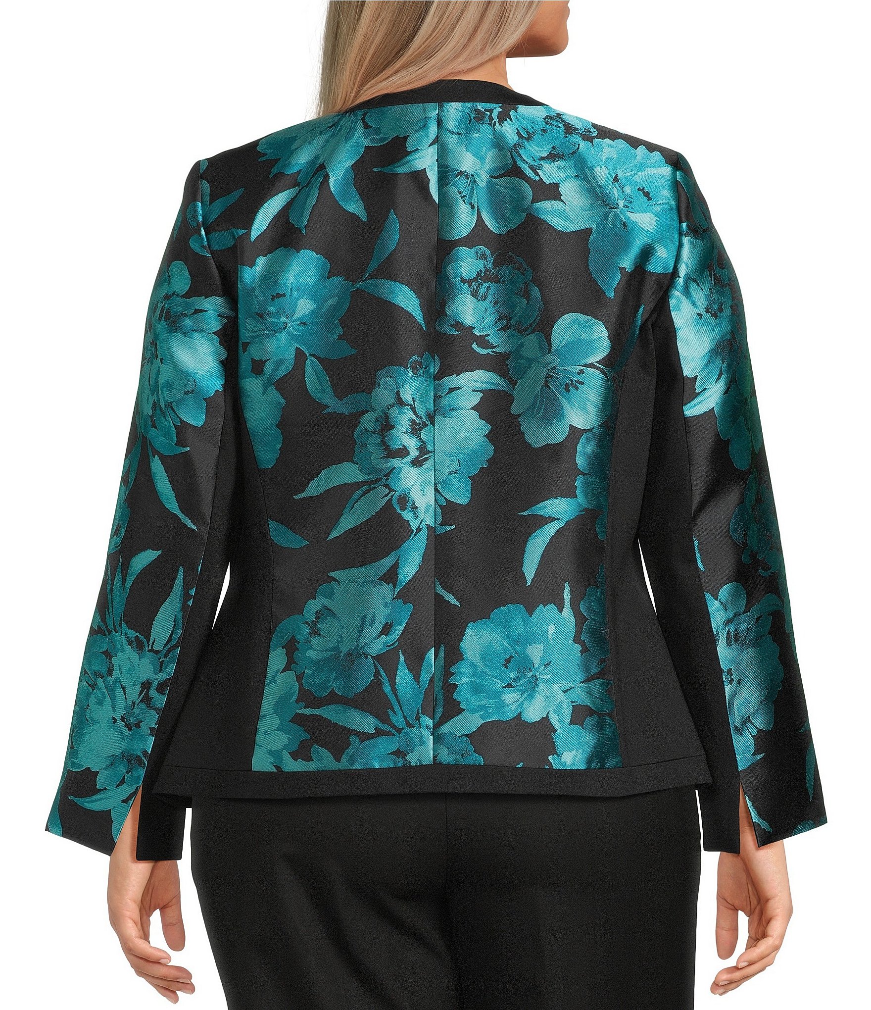 Kasper Plus Long Sleeve Floral Jacquard Open Front Jacket
