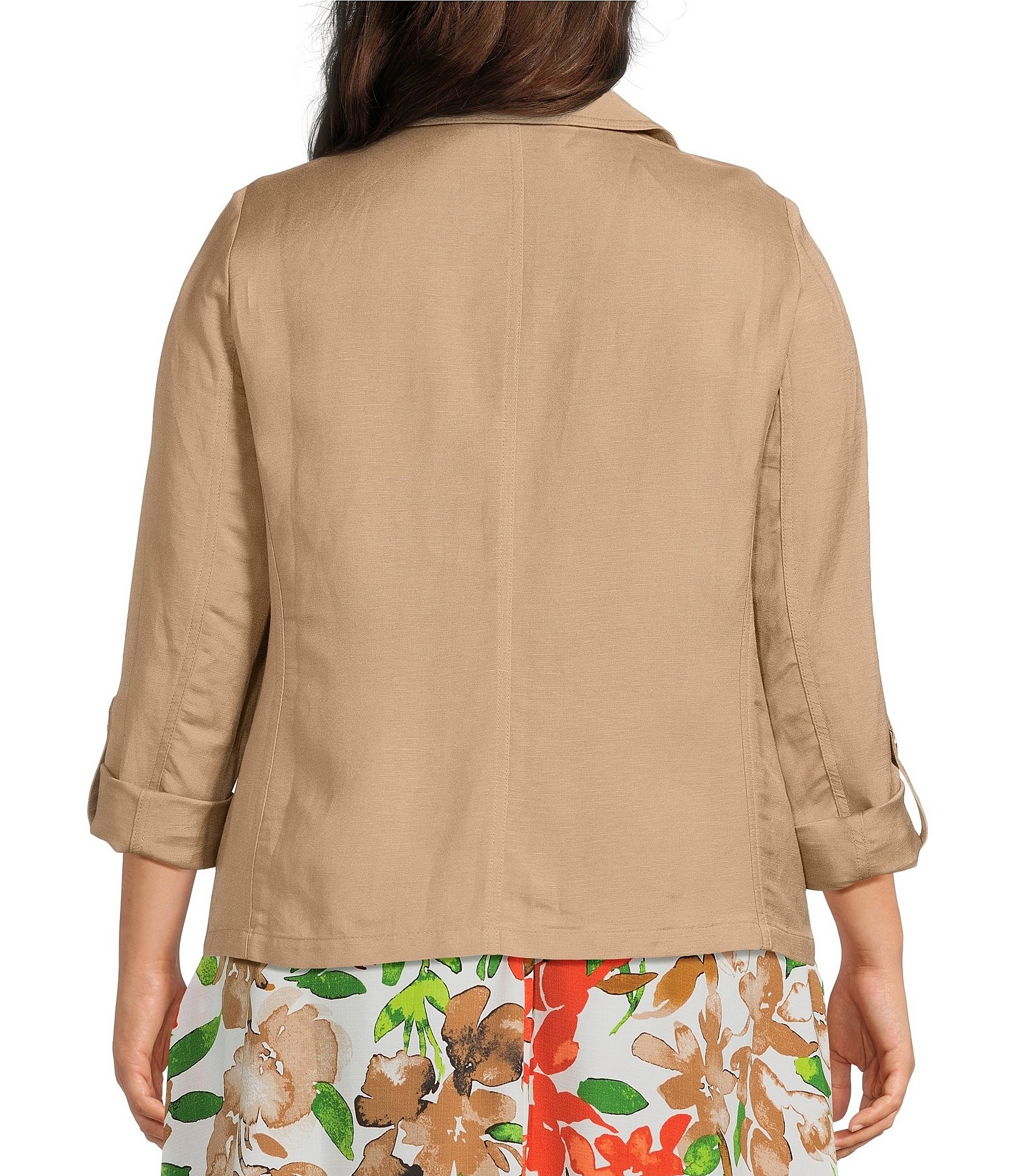 Kasper Plus Open Front Linen Jacket With Zipper Pockets