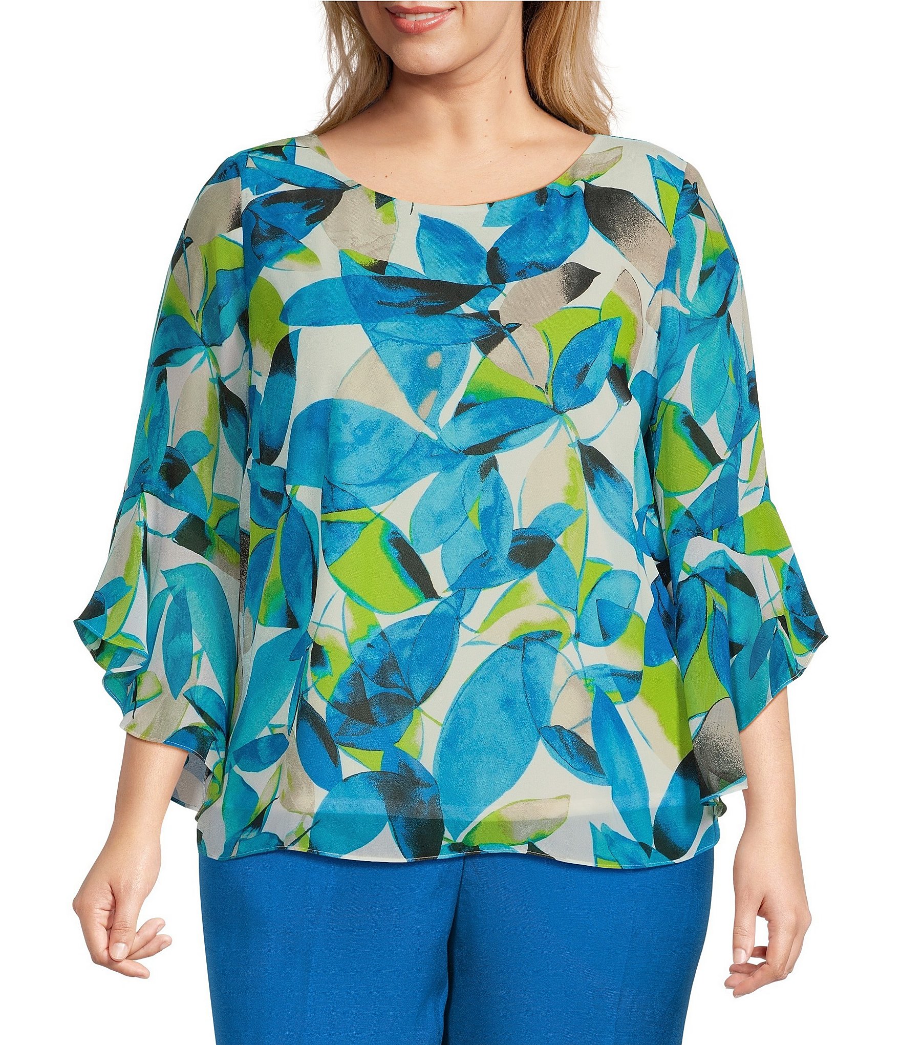 Kasper Plus Size Printed Crew Neckline Ruffle 3/4 Sleeve Blouse | Dillard's