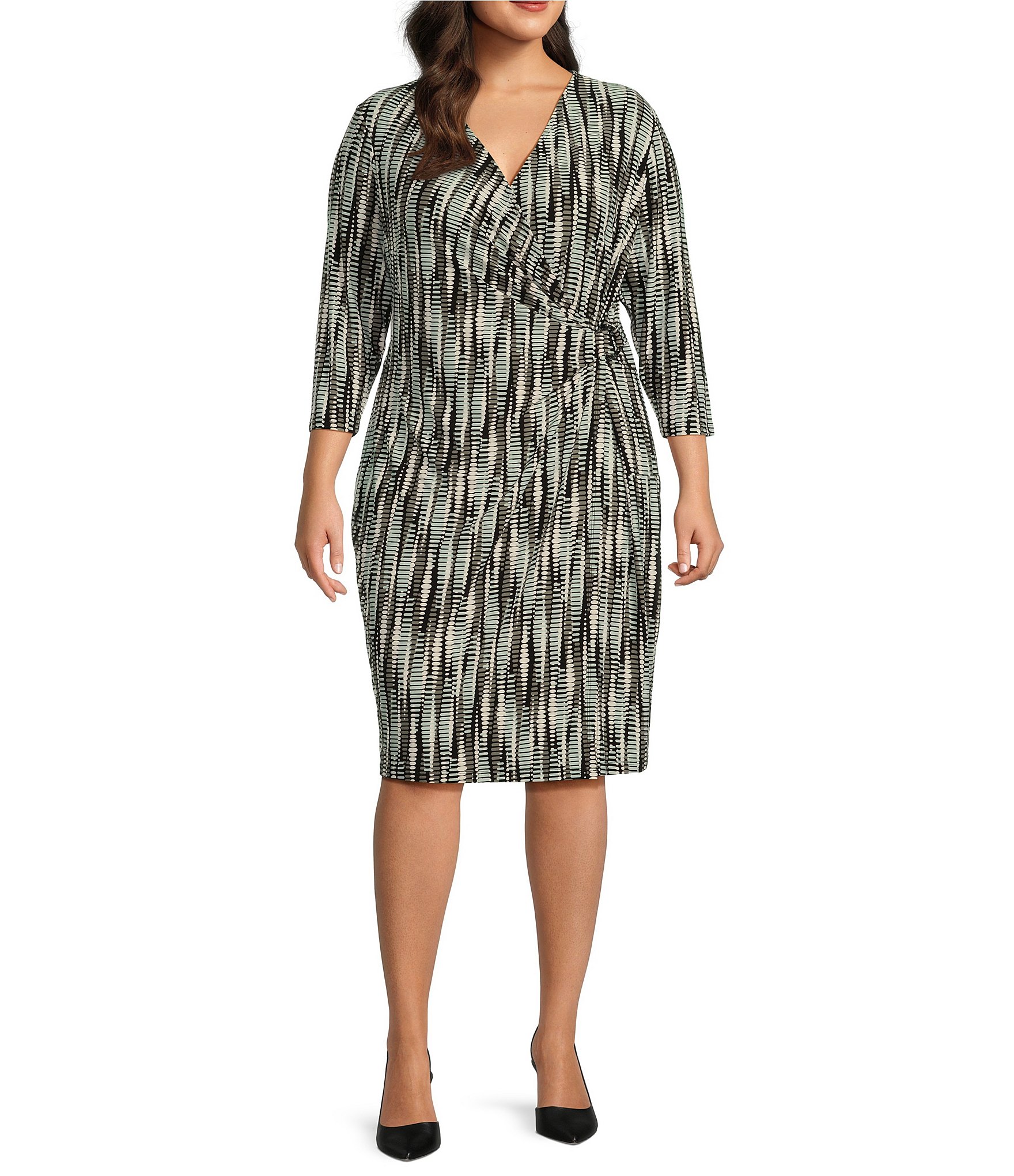 Kasper Plus Size Abstract Print Surplice V-Neckline 3/4 Sleeve Wrap Dress