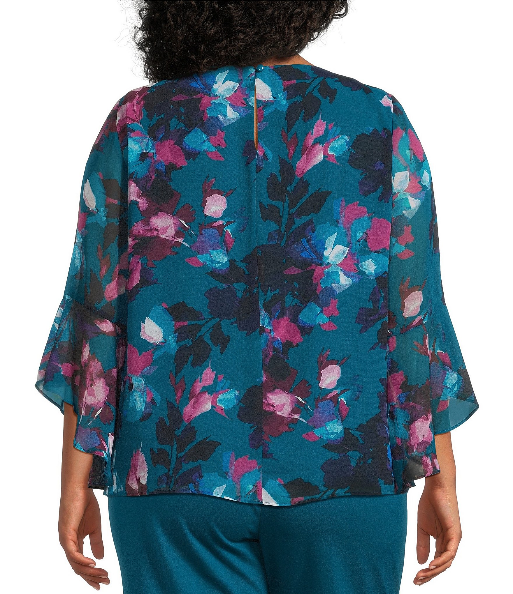 Kasper Plus Ruffle Sleeve Printed Chiffon Blouse