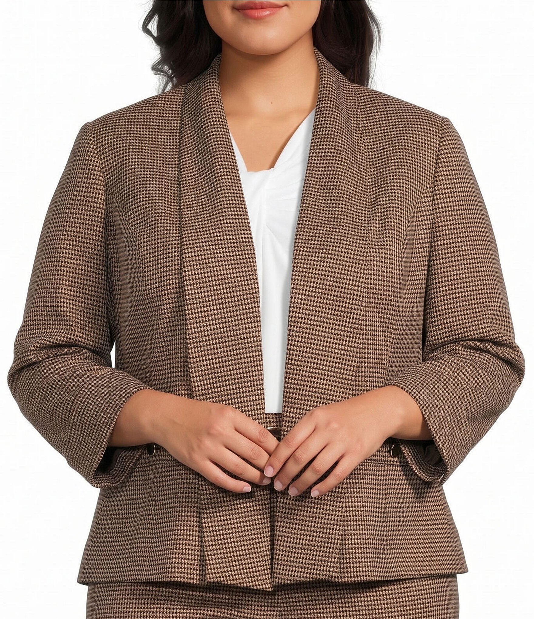 Kasper Plus Shawl Collar Houndstooth Cuffed Cardigan