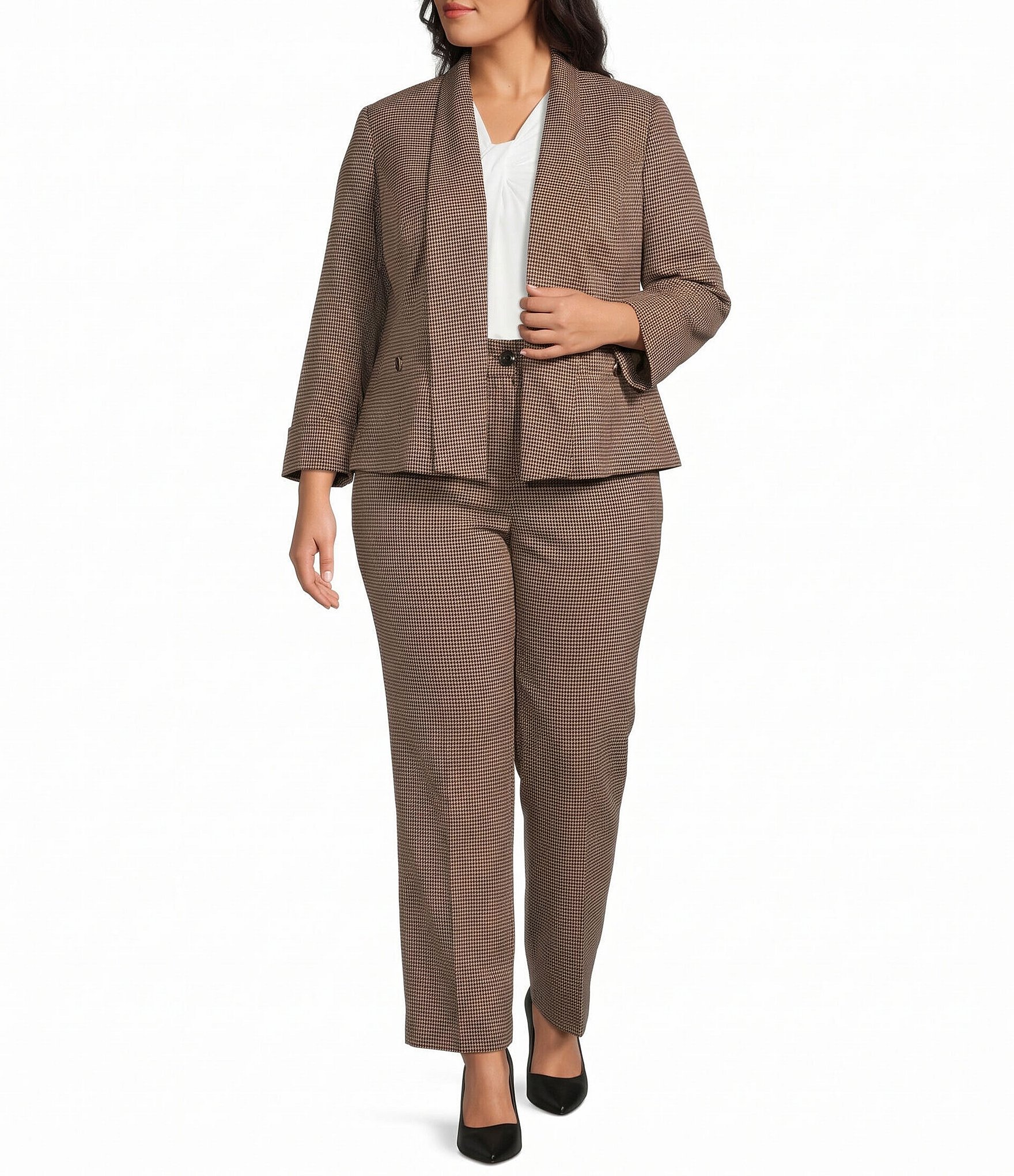 Kasper Plus Shawl Collar Houndstooth Cuffed Cardigan