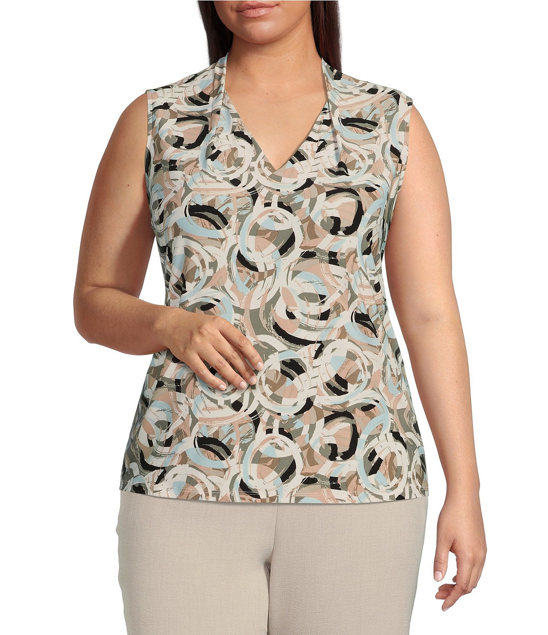 Kasper Plus Size Abstract Print Cap Sleeve V Neck Straight Hem Top