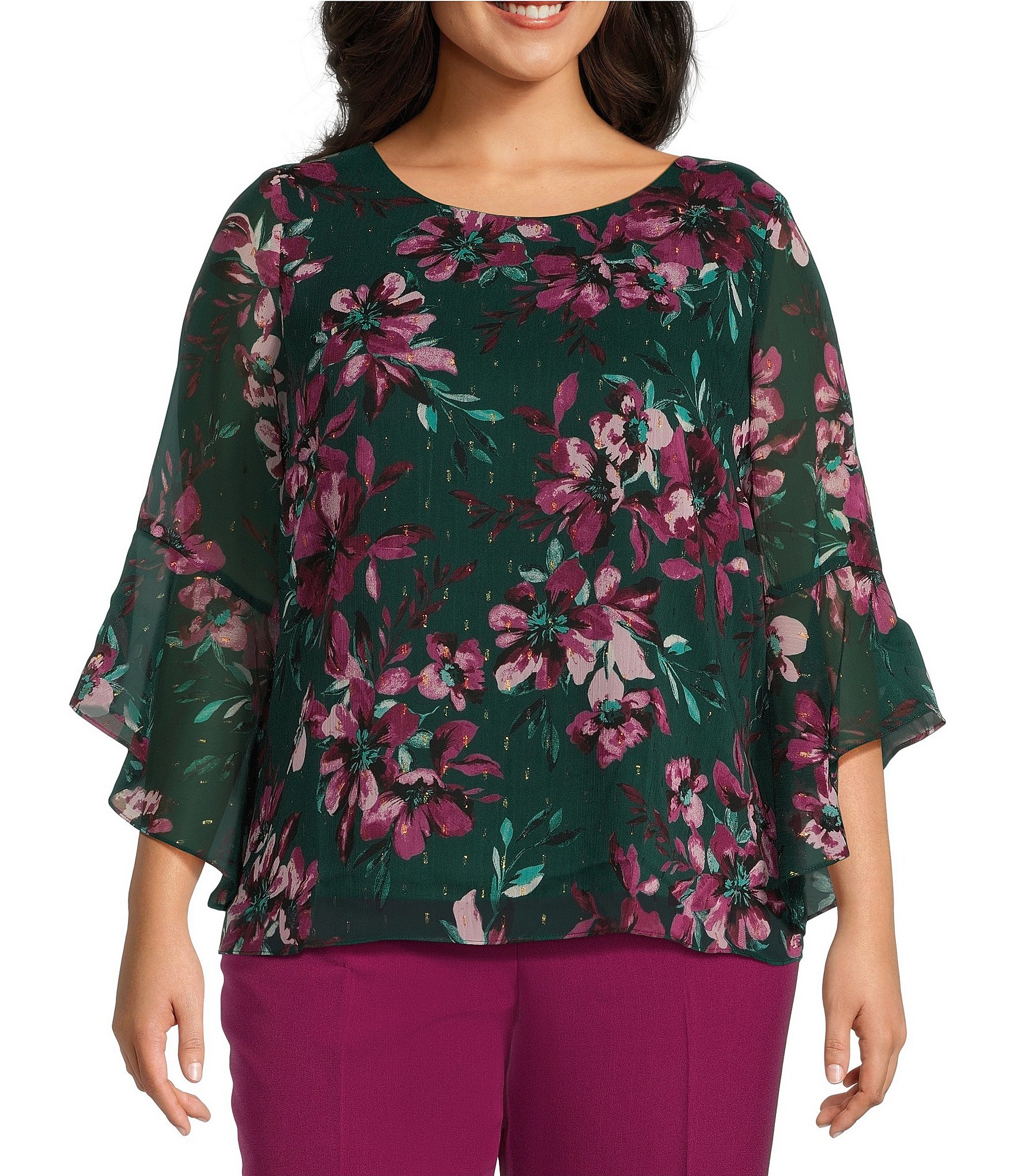 Kasper Plus Size Floral 3/4 Ruffle Sleeve Blouse | Dillard's