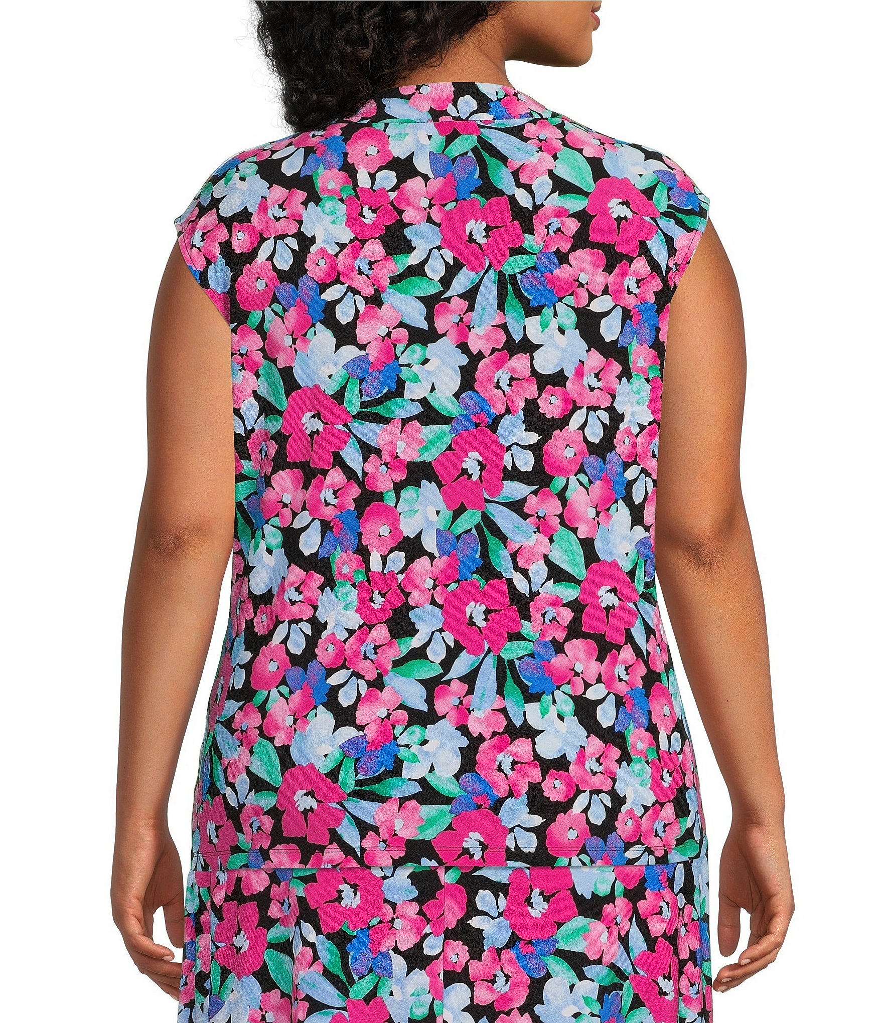 Kasper Plus Size Floral Print Drape Neck Short Sleeve Fitted Top