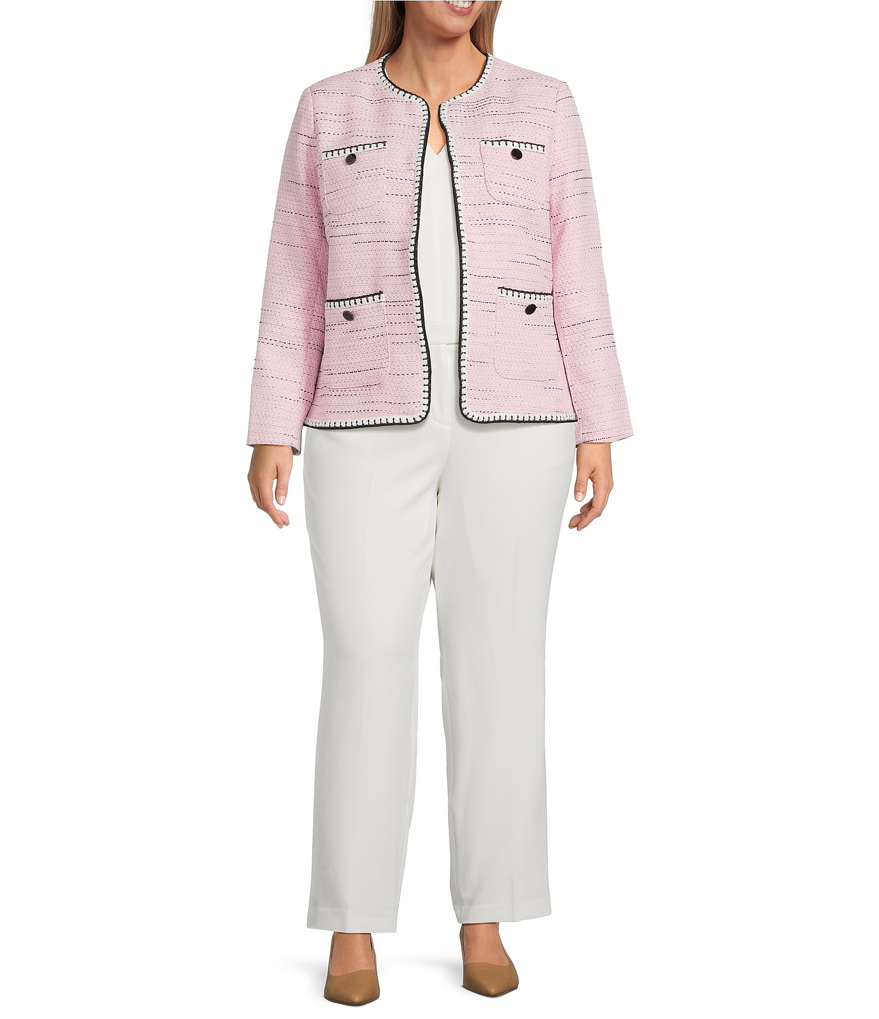 Kasper Plus Size Four Pocket Tweed Trim Patch Pocket Jacket