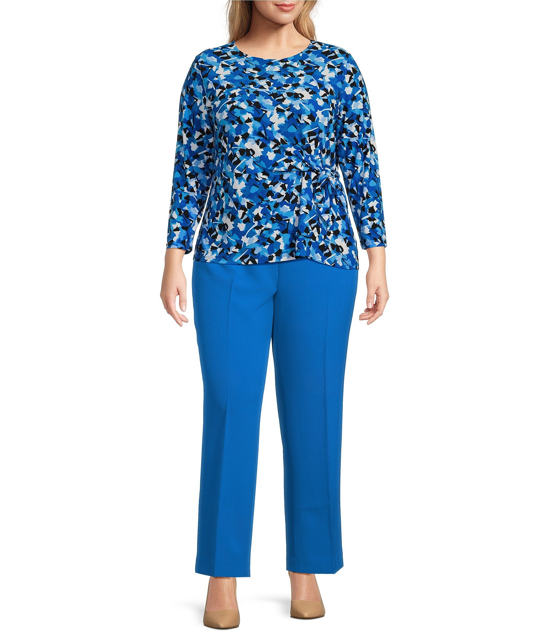 Kasper Plus Size Abstract Print Crew Neckline 3/4 Sleeve Tie Front Top