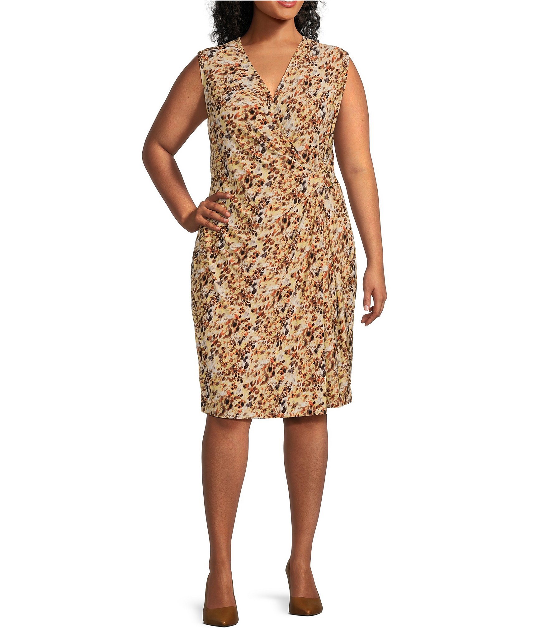 Kasper Plus Size Printed Surplice V Neckline Sleeveless Faux Wrap Dress Dillard s