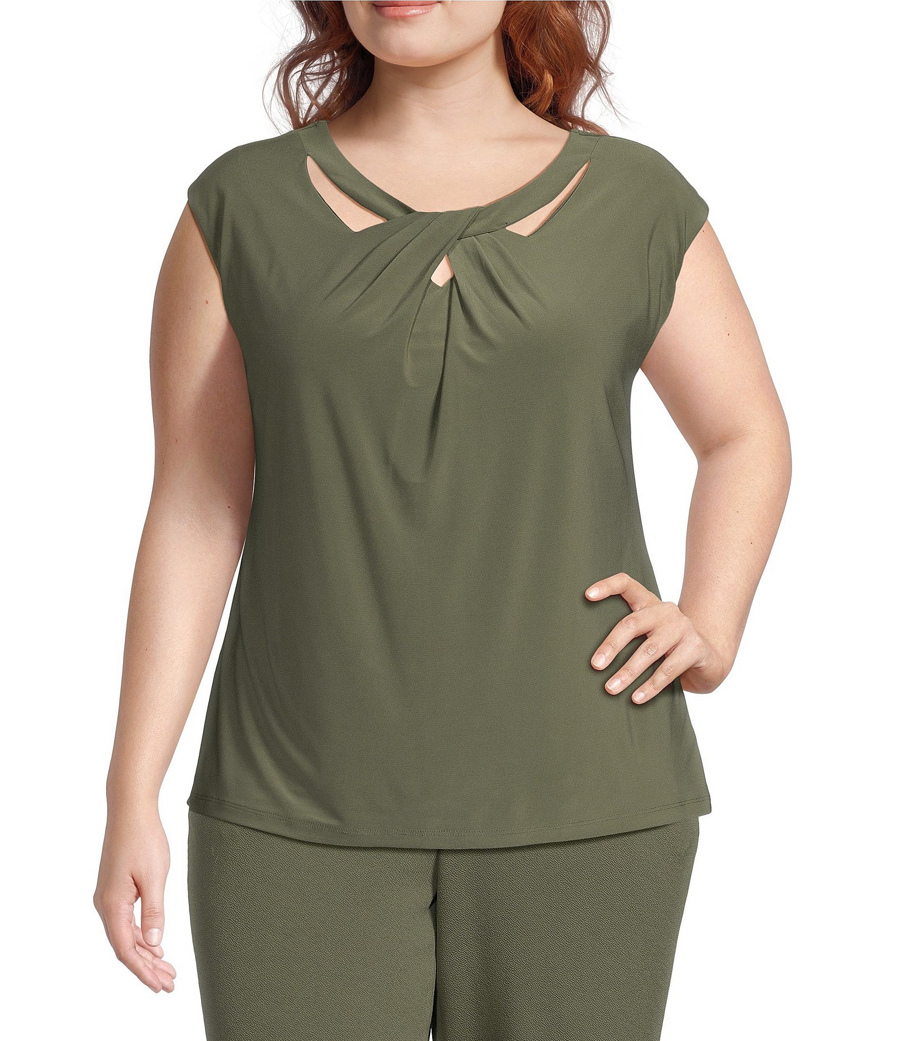 Kasper Plus Size Stretch Twist Crew Neck Cap Sleeve Top