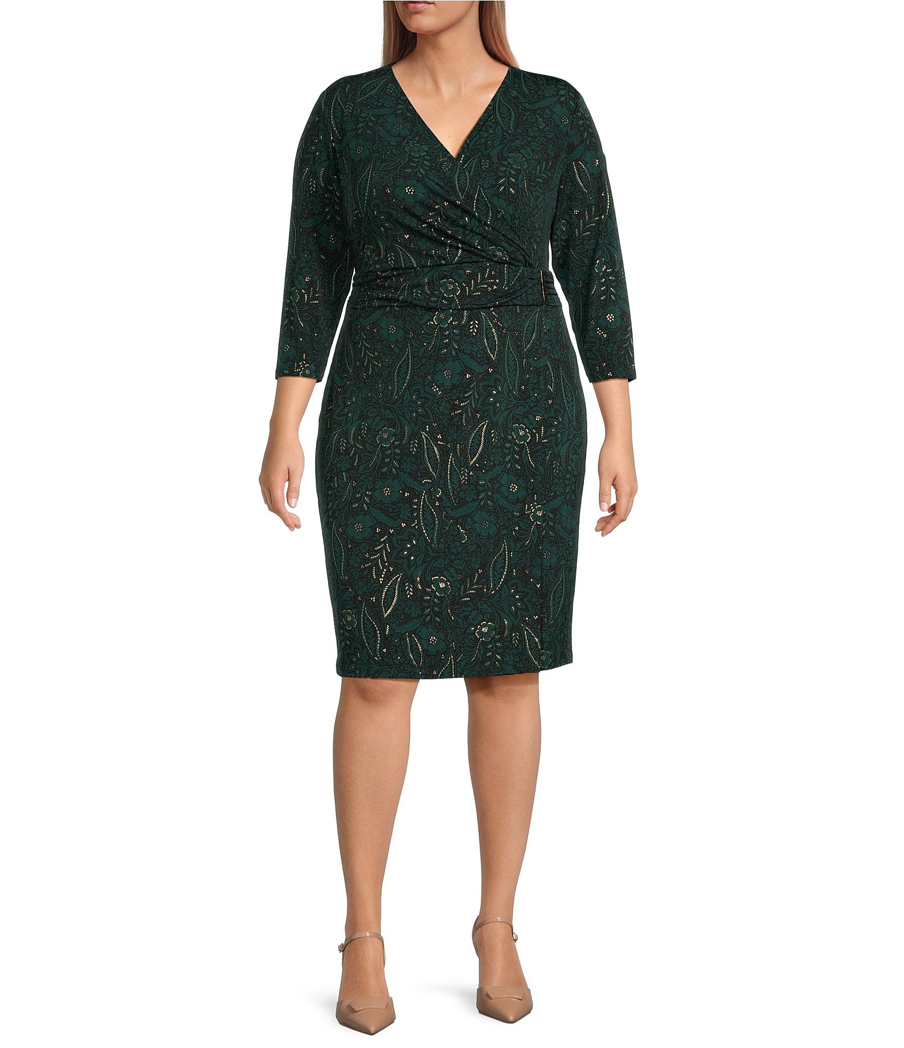 Kasper Plus Size Wrap V-Neck 3/4 Sleeve Pull-On Dress