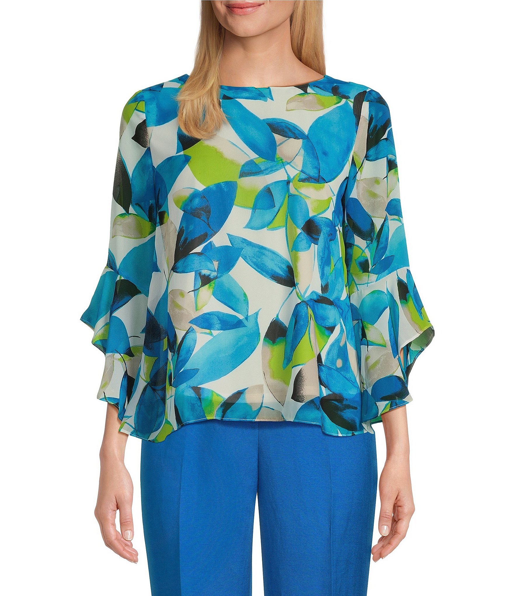 Kasper Lily Print Boat Neck Ruffle 3/4 Sleeve Blouse