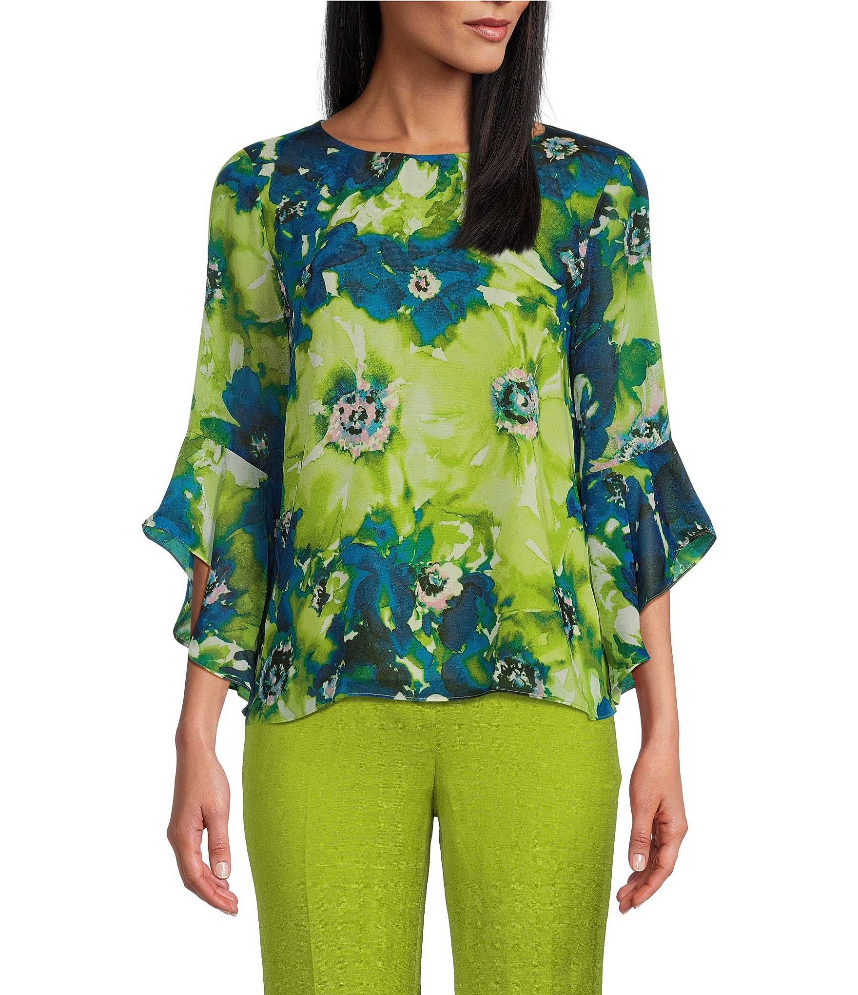 Kasper Printed Crew Neck Ruffle 3/4 Sleeve Blouse | Dillard's