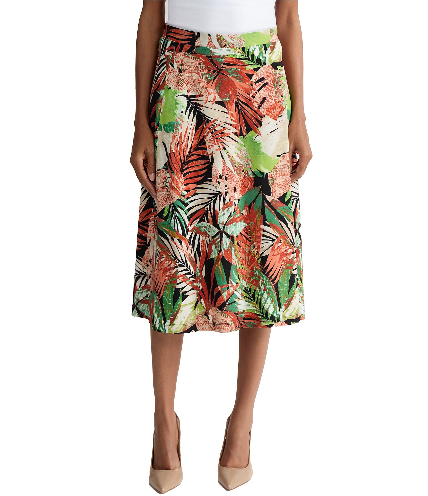 Kasper Printed Jersey Knit Pull On Midi Skirt