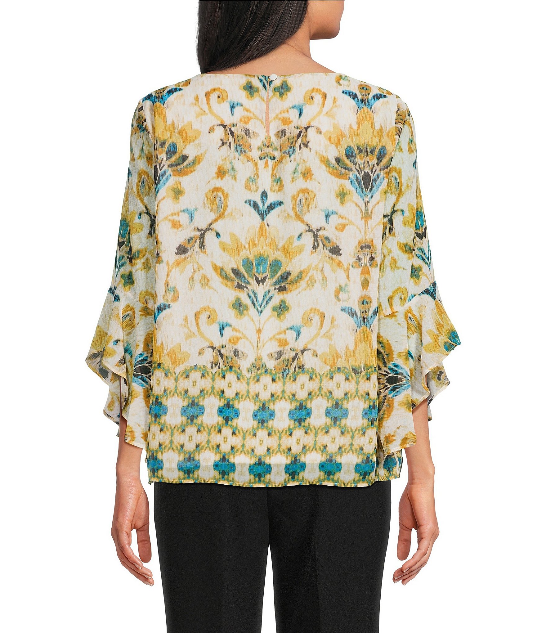 Kasper Ruffle 3/4 Sleeve Printed Blouse