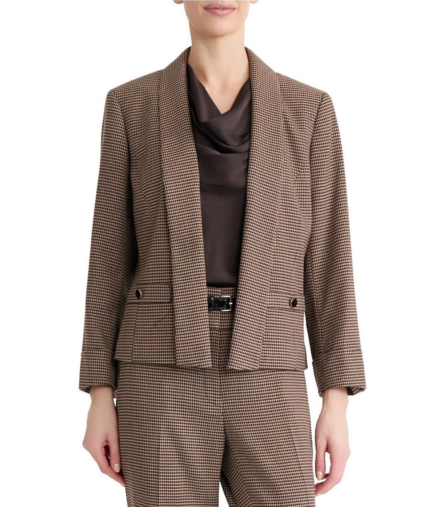 Kasper Shawl Collar Houndstooth Cuffed Cardigan