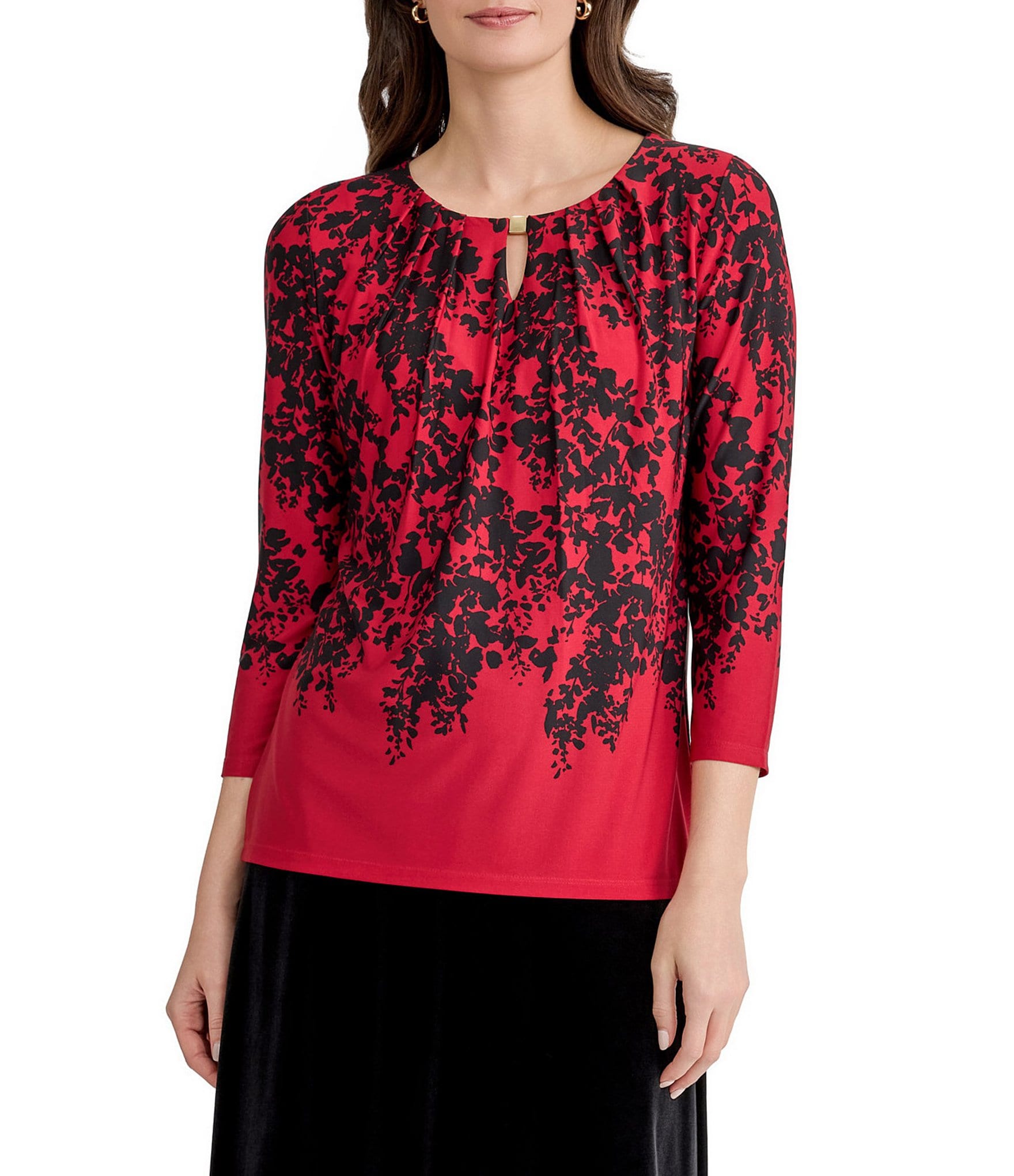 Kasper Three Quarter Sleeve Keyhole Neck Top