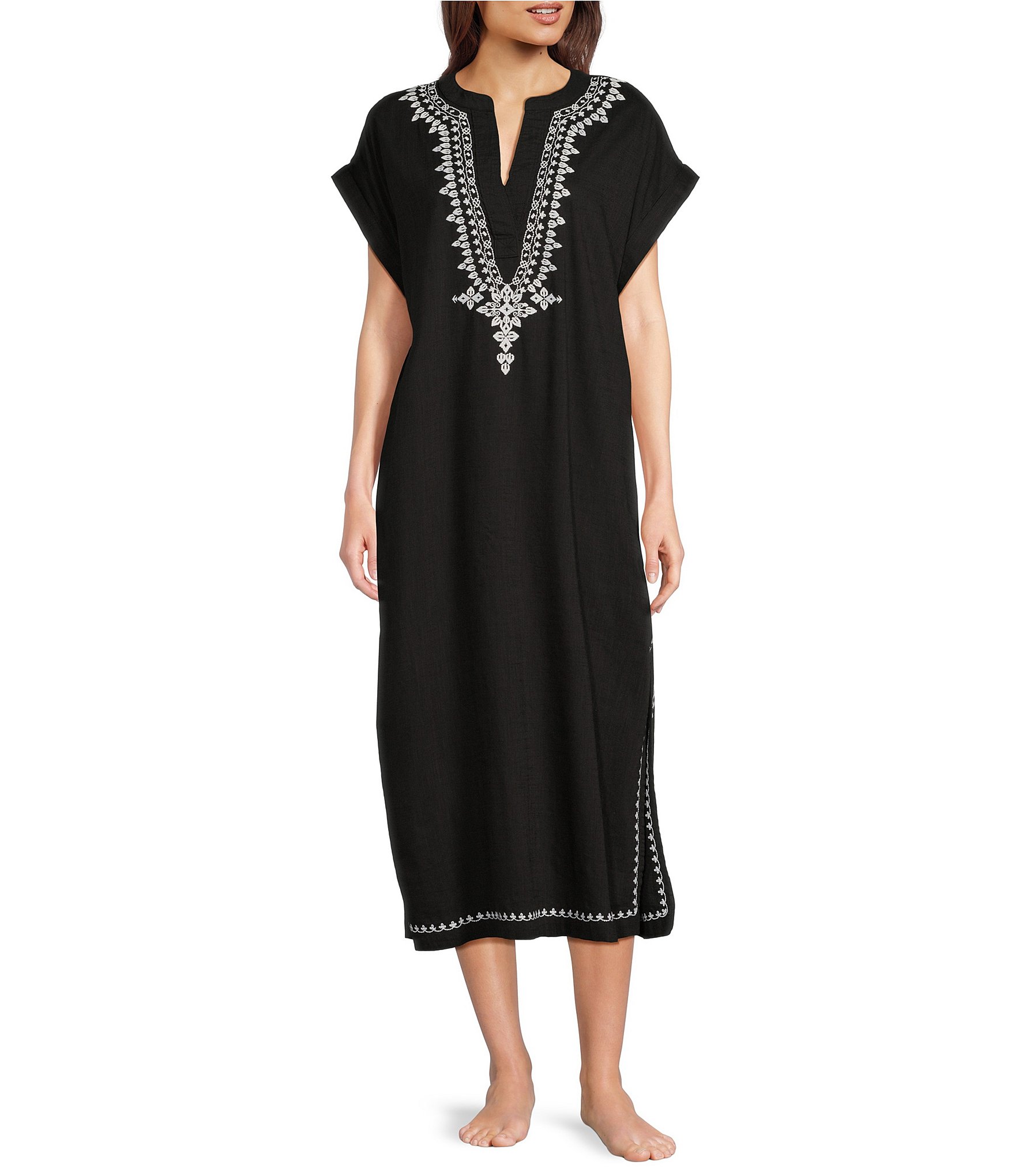 Kate Landry Embroidered Trim Short Sleeve Split V-Neck Woven Caftan ...