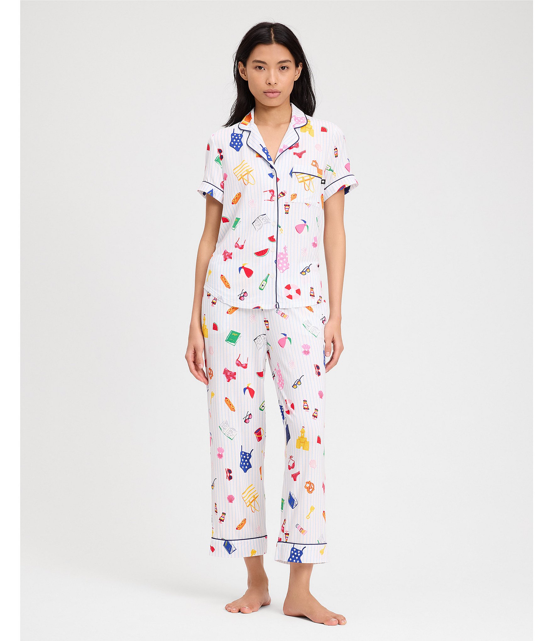 kate spade new york Beach Trip Stripe Print Short Sleeve Notch Collar Knit Cropped Pajama Set