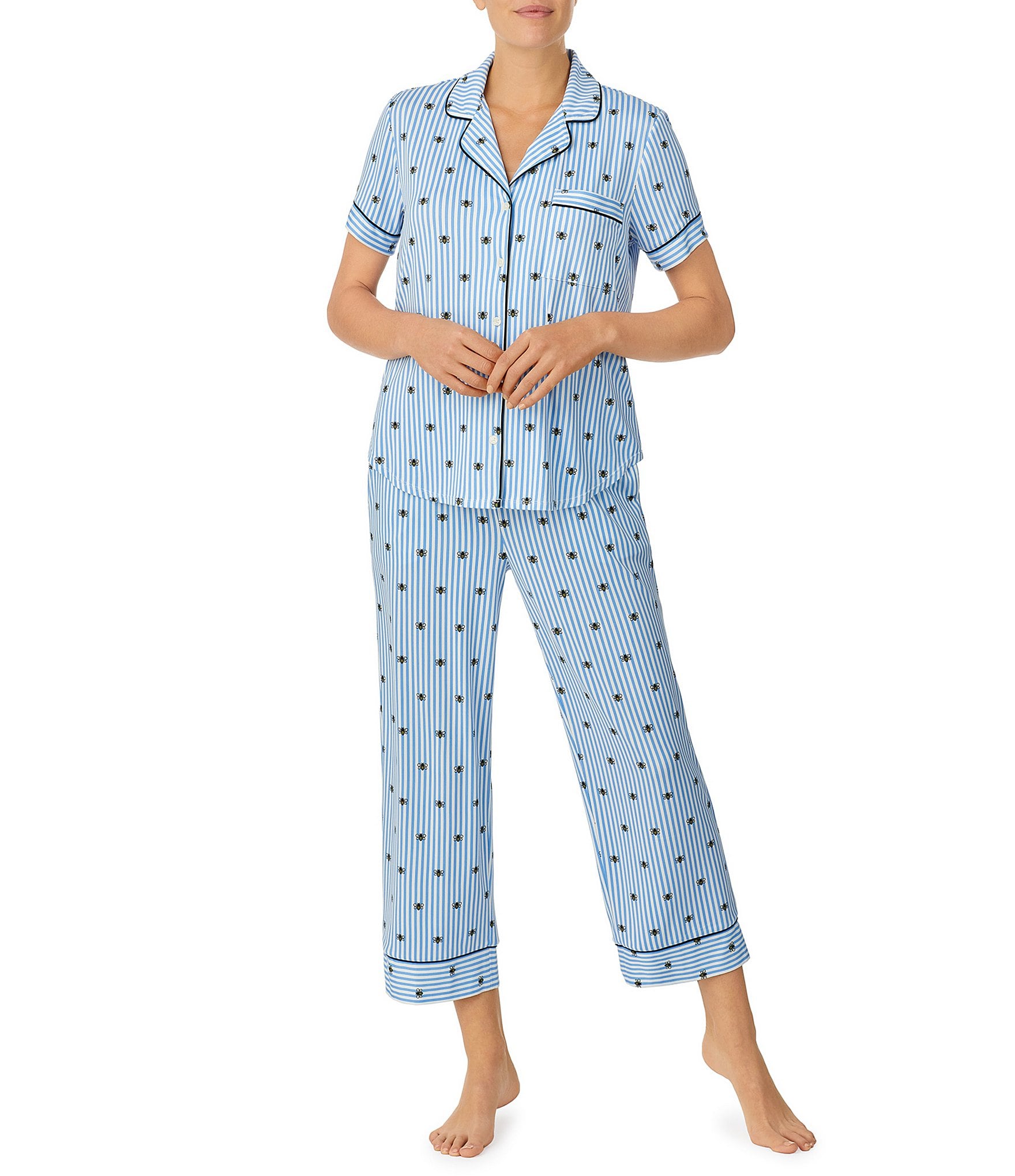 kate spade new york Bee Striped Print Short Sleeve Notch Collar Brush  Jersey Knit Pajama Set | Dillard's