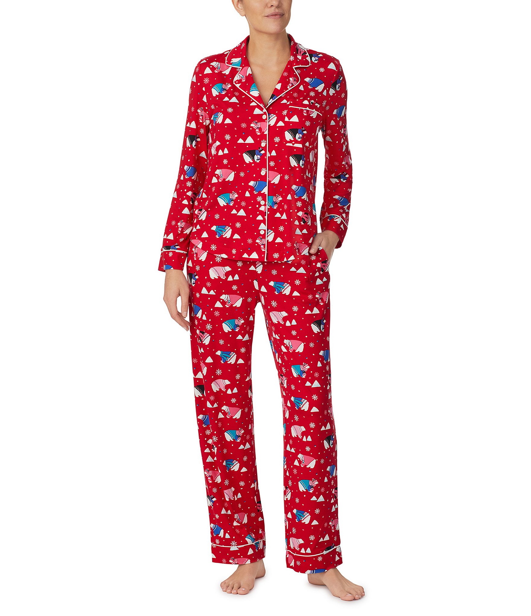 kate spade new york Brushed Cozy Jersey Polar Bear Long Sleeve Notch Collar  Holiday Pajama Set