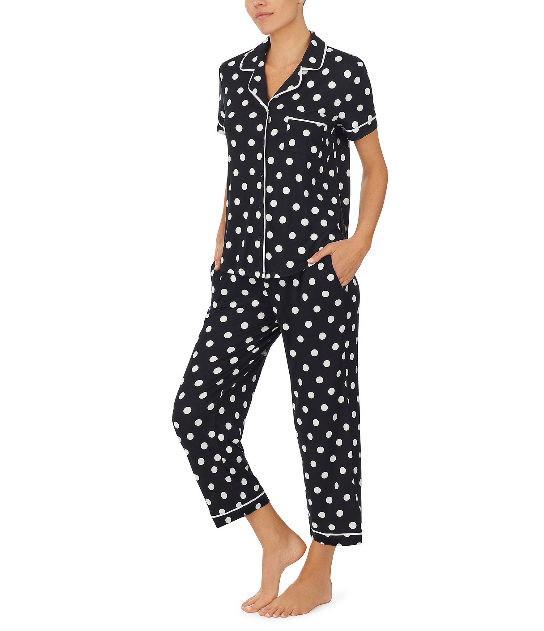 kate spade new york Dot Print Short Sleeve Notch Collar Cropped Jersey Knit Pajama Set