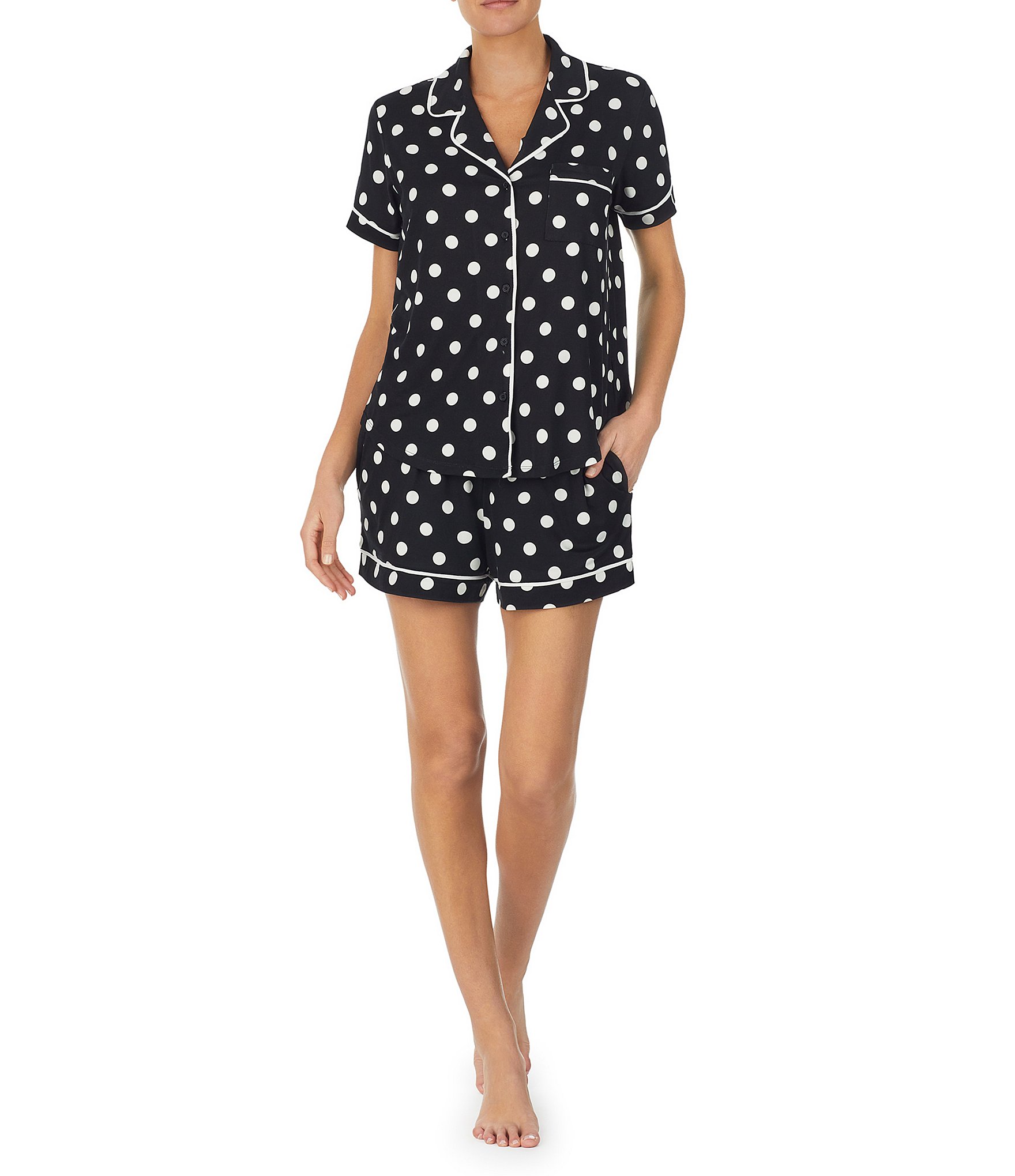 kate spade new york Dot Print Short Sleeve Notch Collar Jersey Knit ...