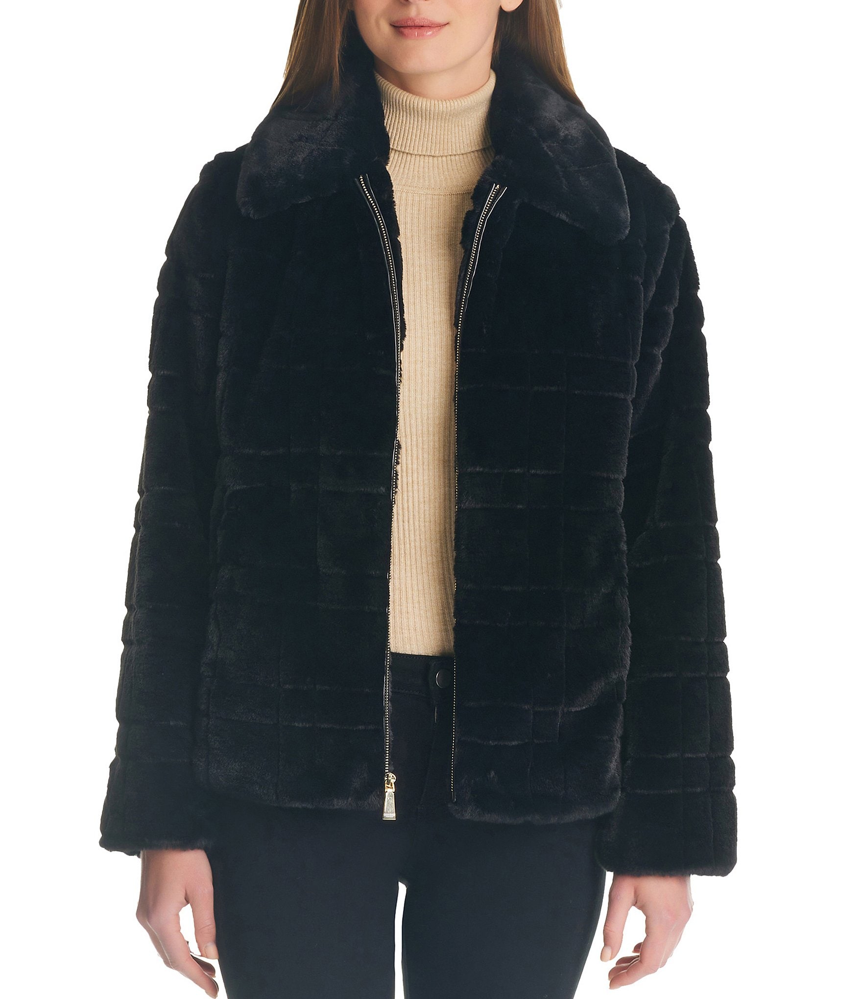 kate spade new york Faux Fur Plaid Print Spread Collar Zip Front Coat ...