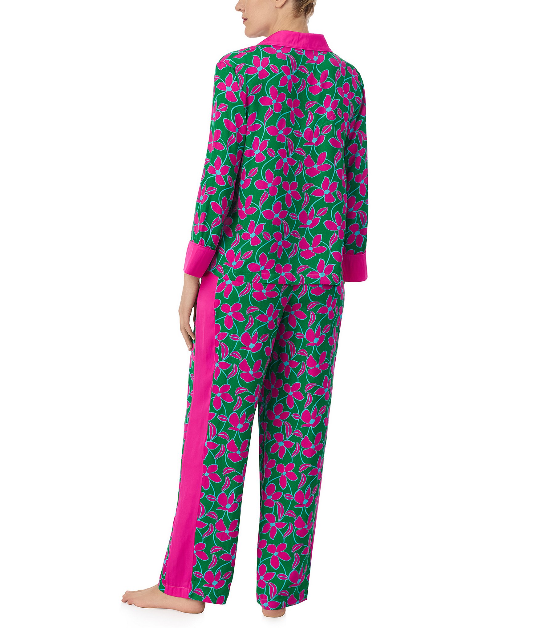 kate spade new york Floral Print Satin Long Sleeve Notch Collar Pant Pajama Set