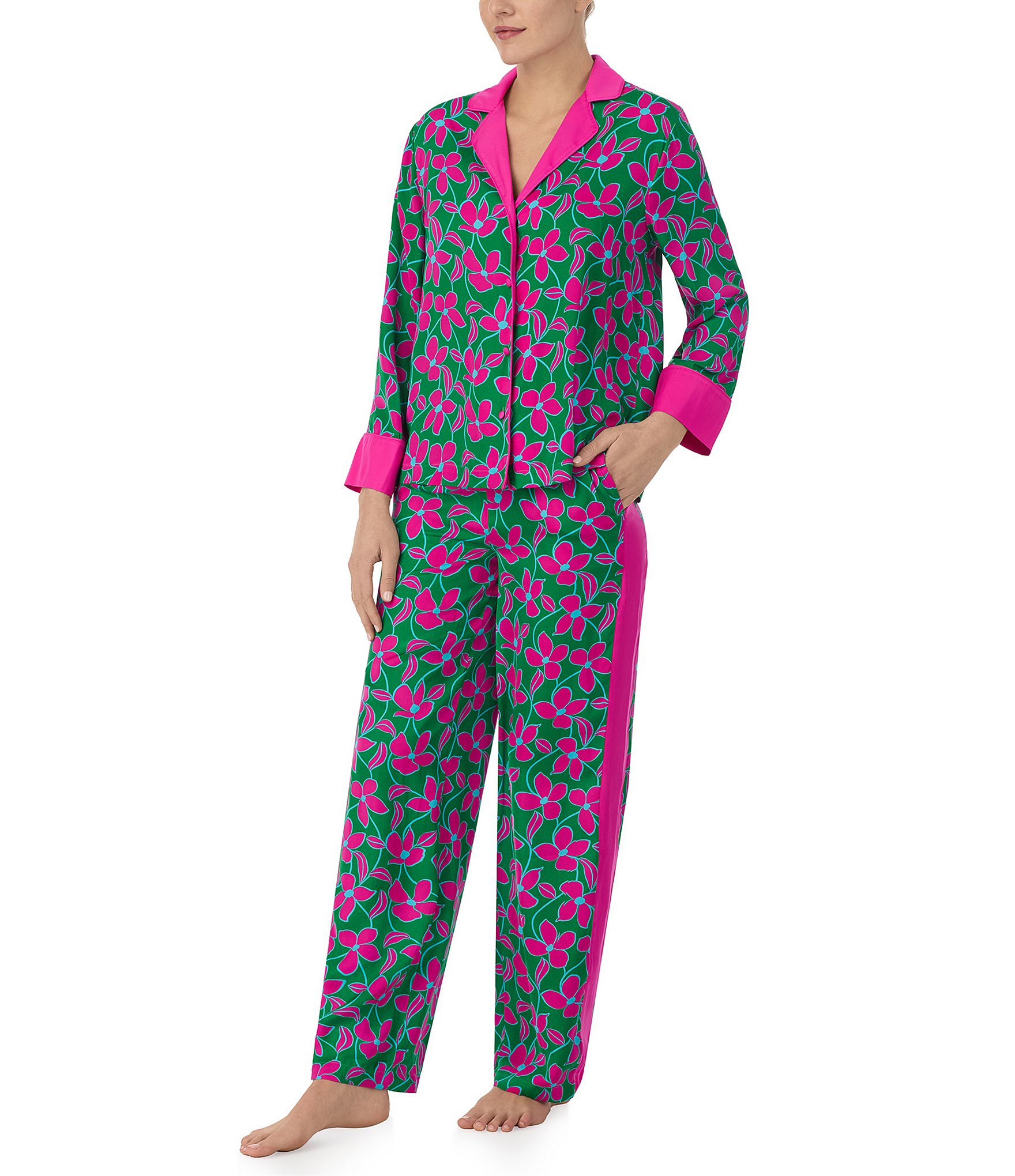 kate spade new york Floral Print Satin Long Sleeve Notch Collar Pant Pajama Set