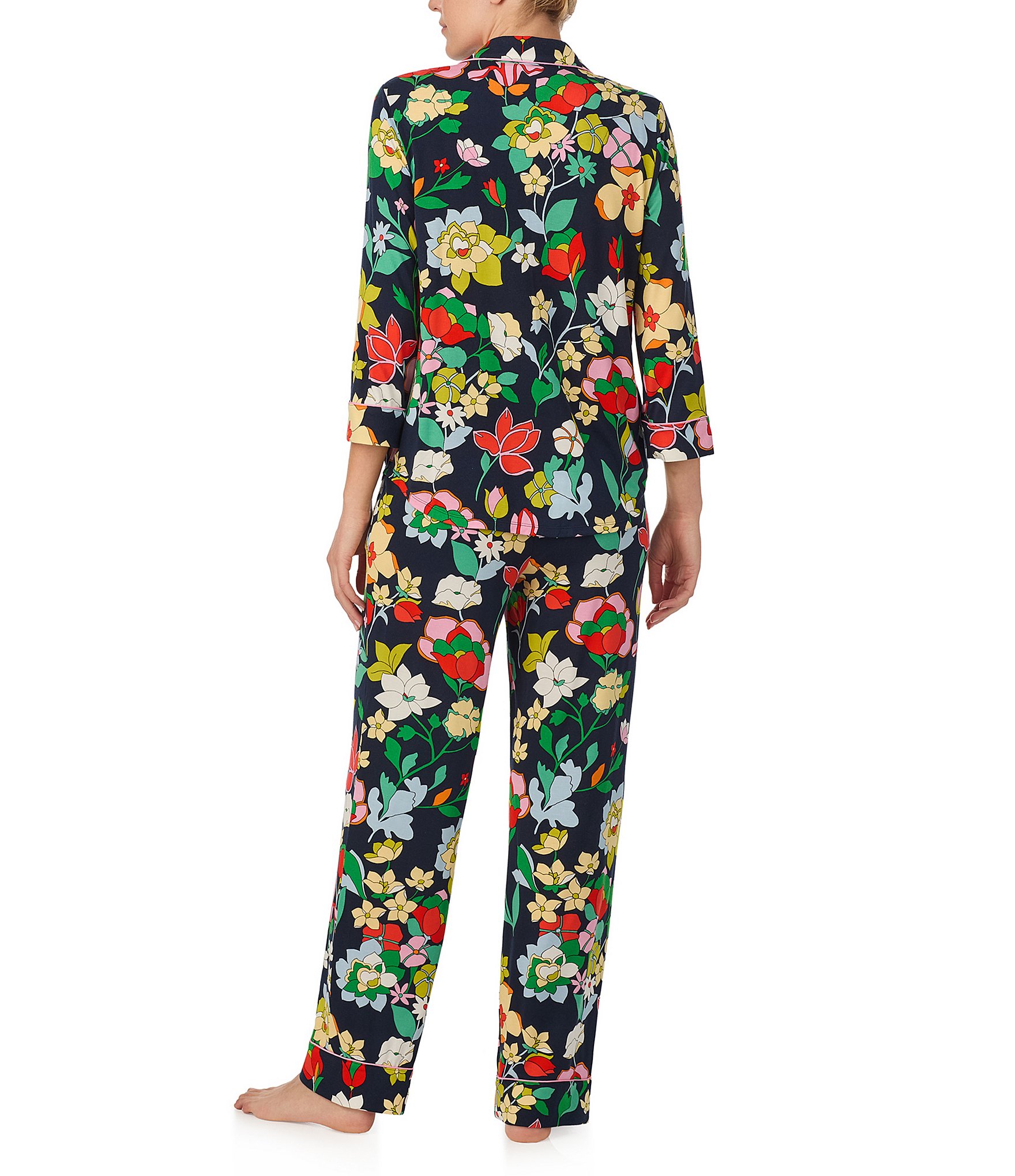 kate spade new york Knit 3/4 Sleeve Notch Collar Floral Print Pajama Set