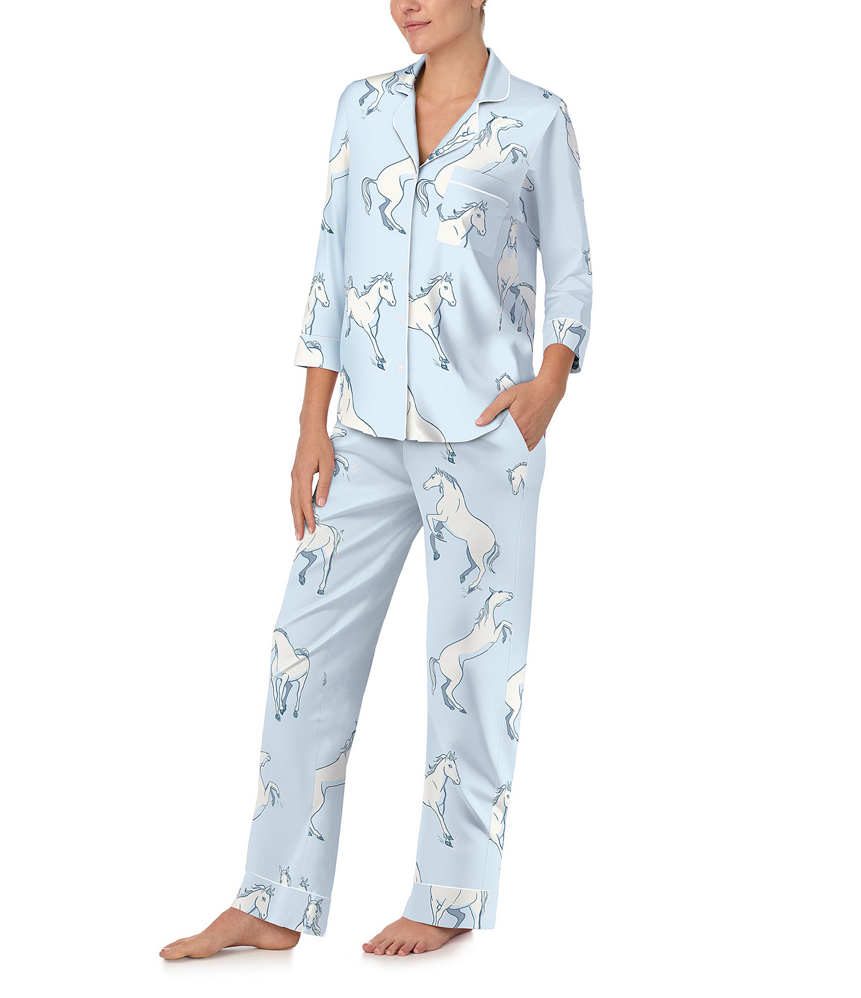 kate spade new york Knit 3/4 Sleeve Notch Collar Horse Print Pajama Set